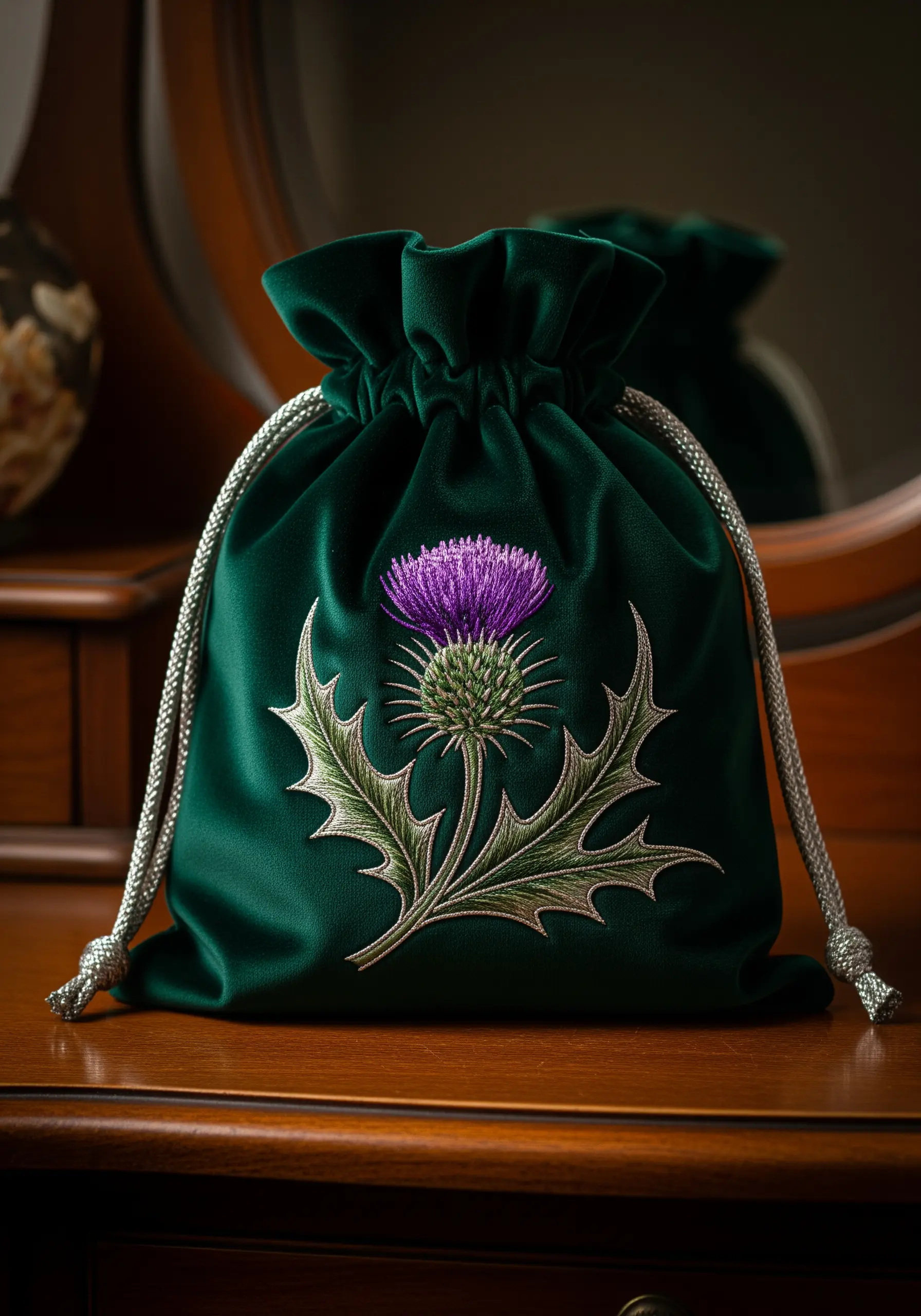 A detailed embroidery of a Scottish thistle on a dark green velvet drawstring bag.