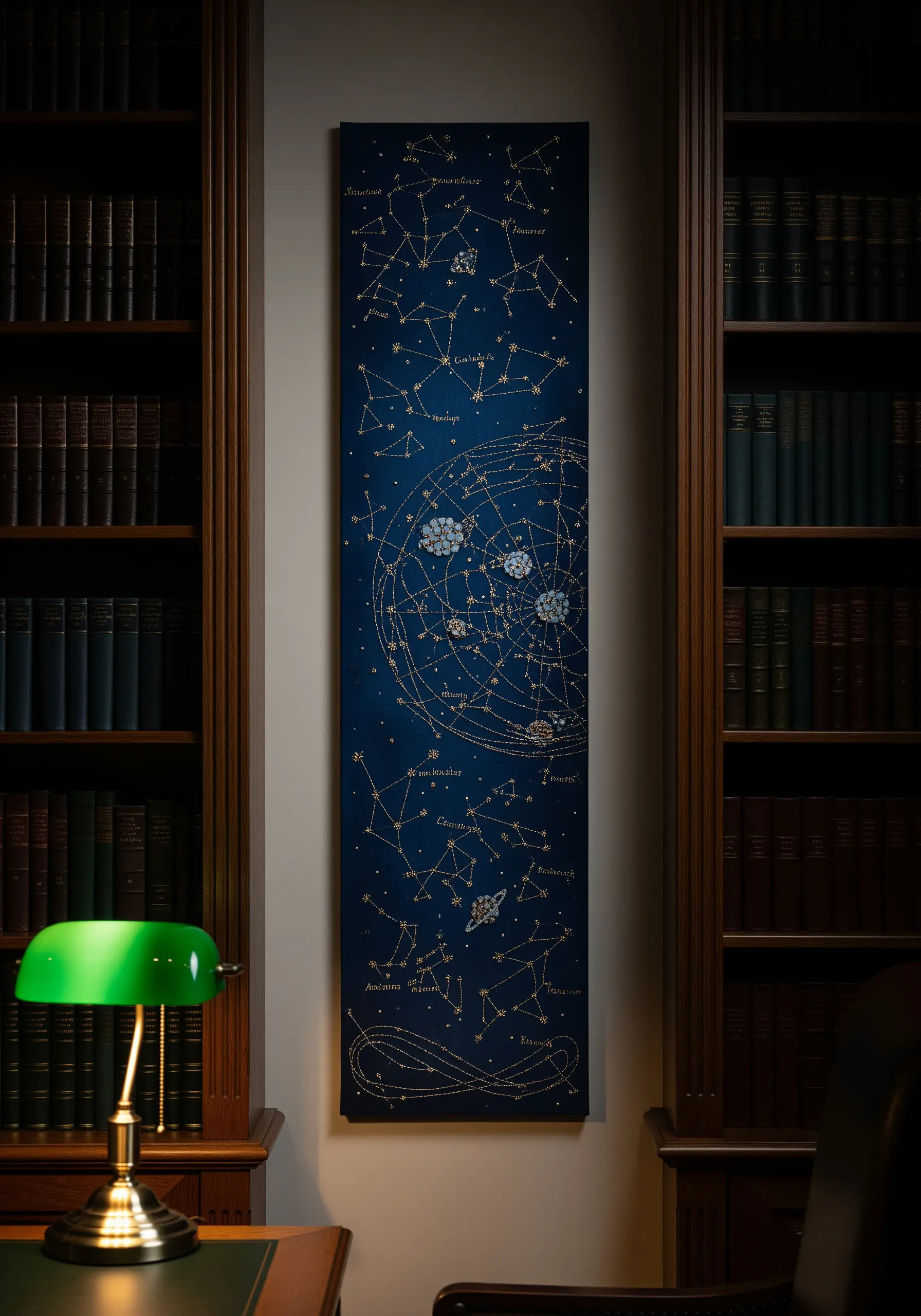 A tall, narrow canvas embroidered with gold thread constellations against a deep blue background.