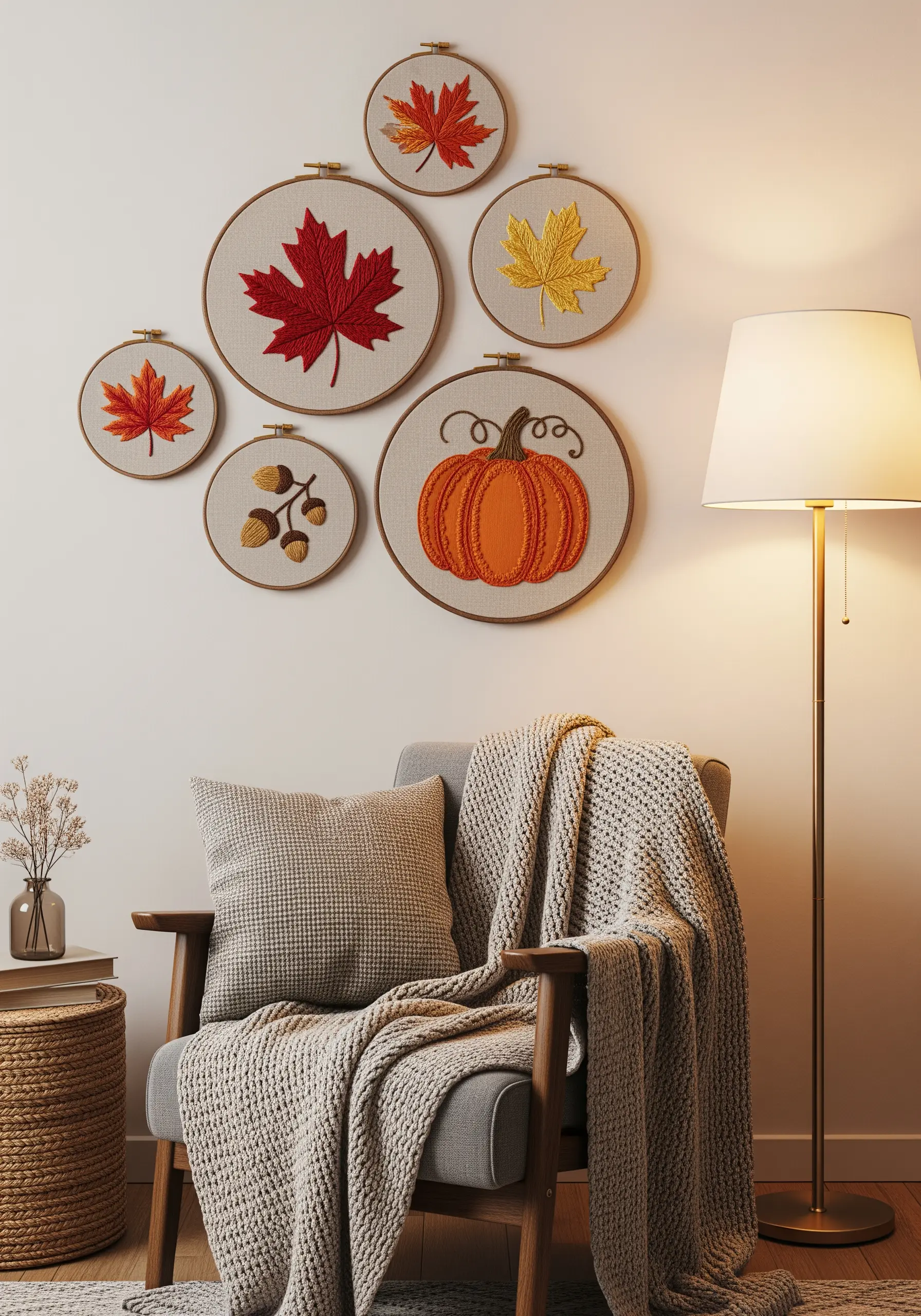 An autumn-themed collection of embroidery hoops with maple leaves, acorns, and a pumpkin.