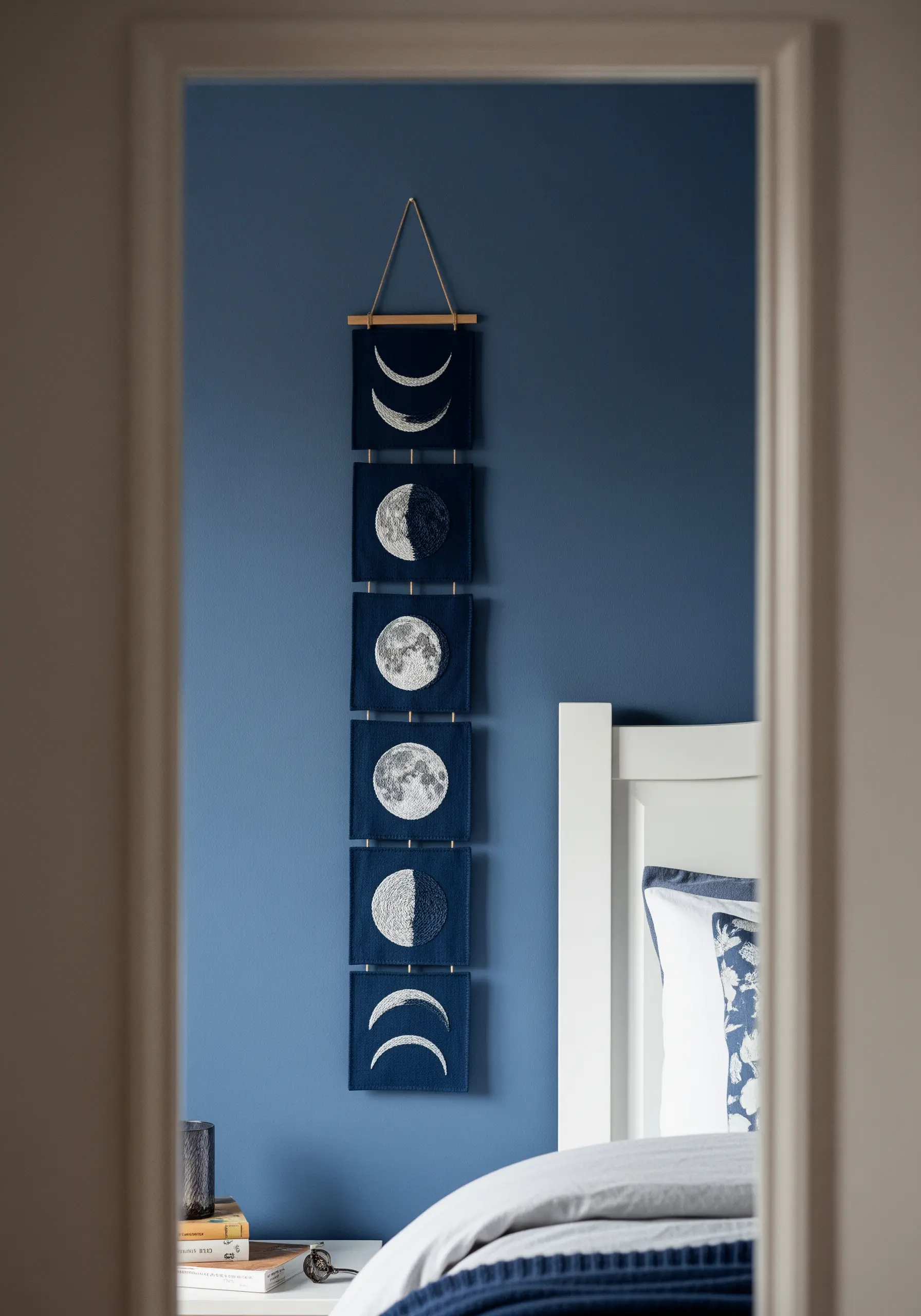 A vertical wall hanging with six panels depicting the different phases of the moon.