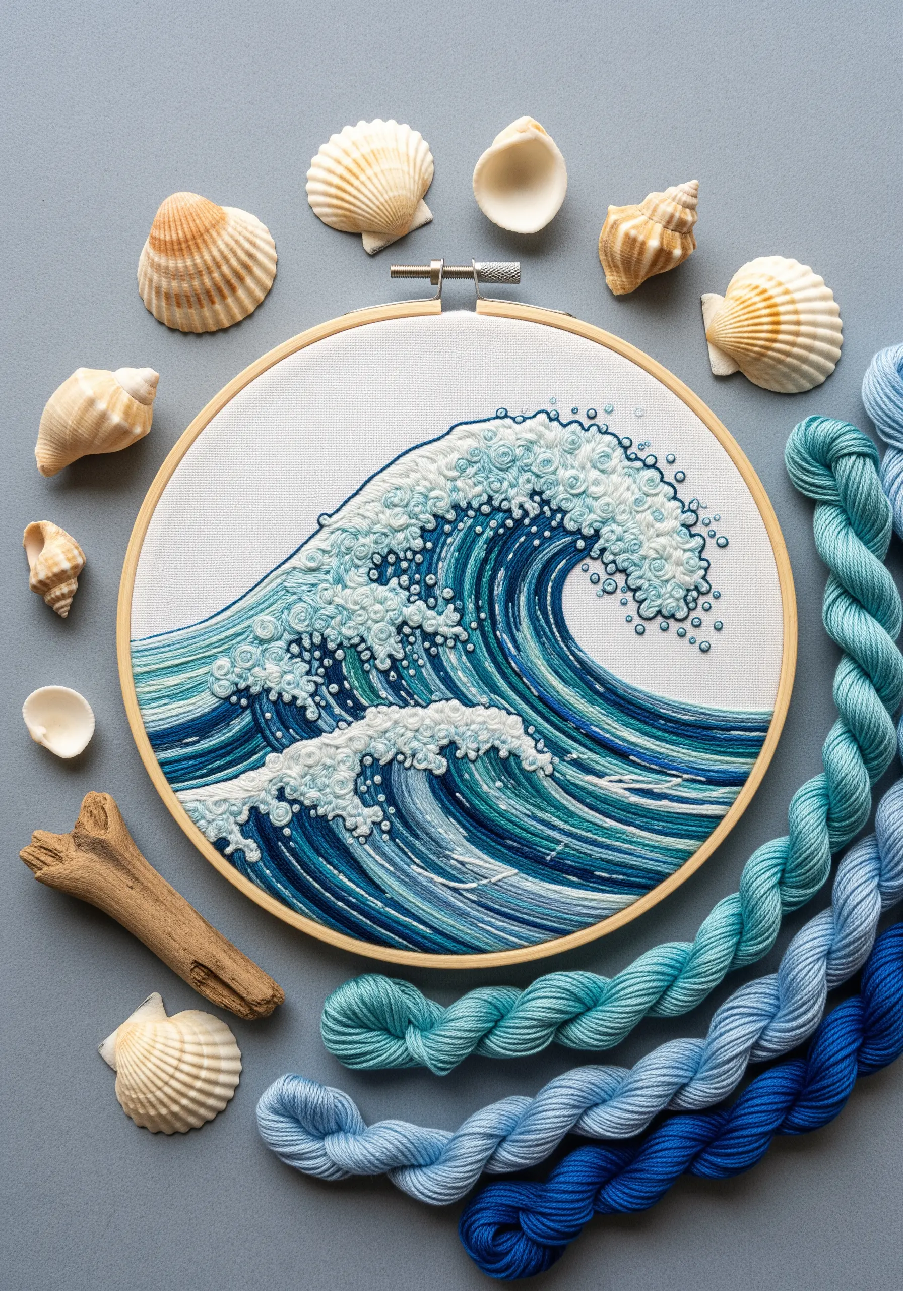 An intricately embroidered ocean wave in a hoop, using various shades of blue and white French knots.