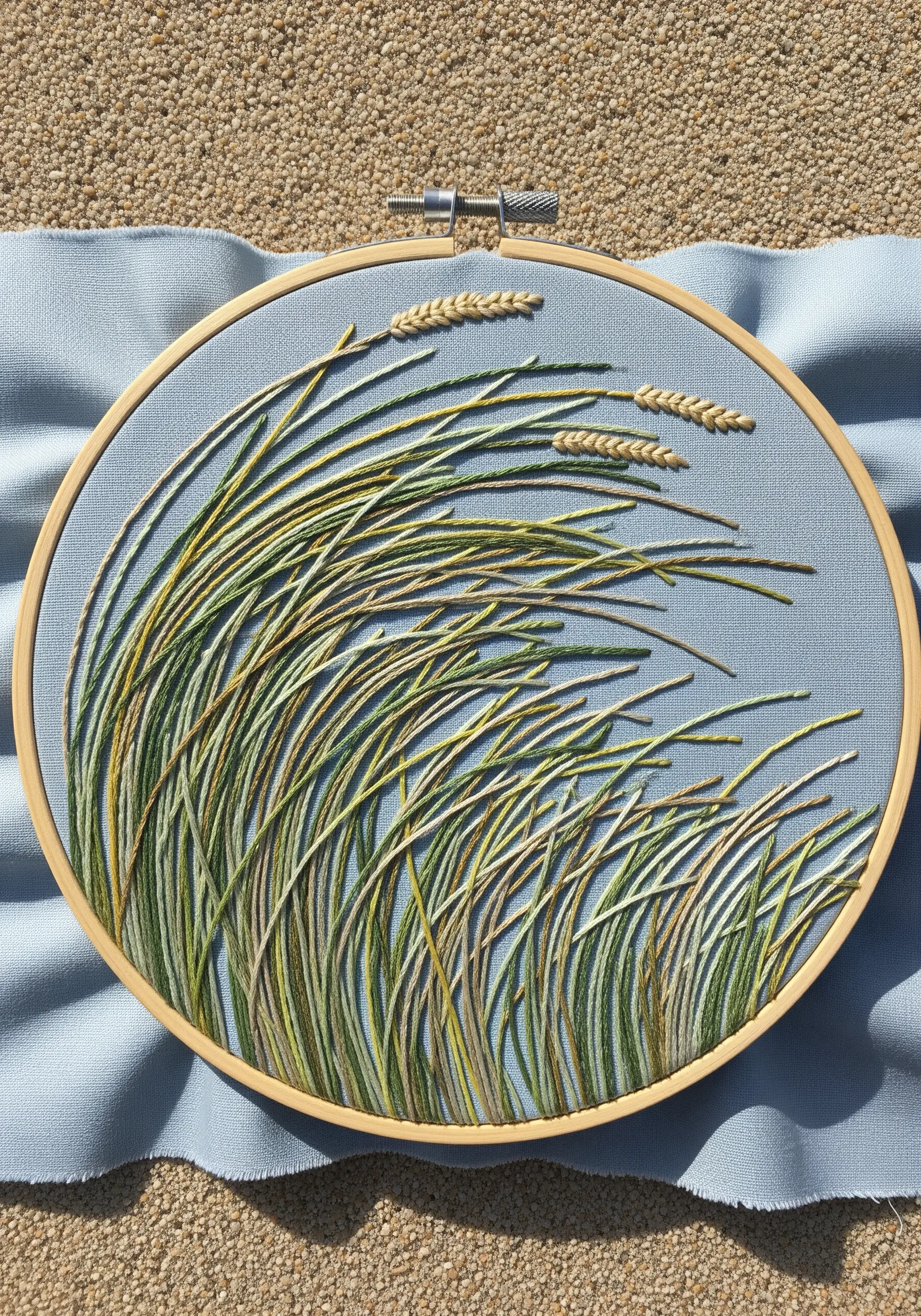 Embroidery of long blades of grass curving in the wind, stitched in greens and yellows.
