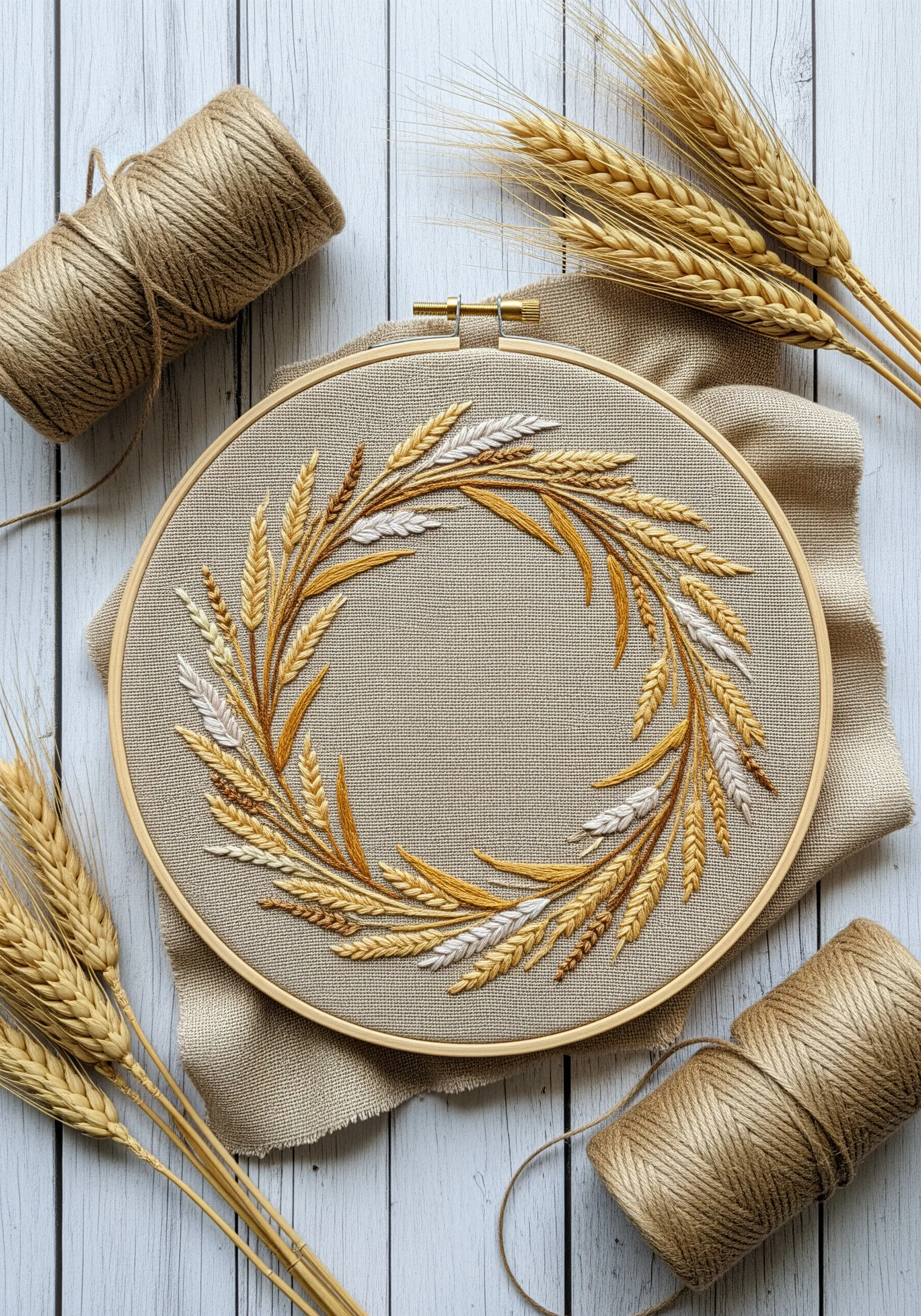 An embroidery wreath of wheat sheaves in golden and cream tones on beige linen.