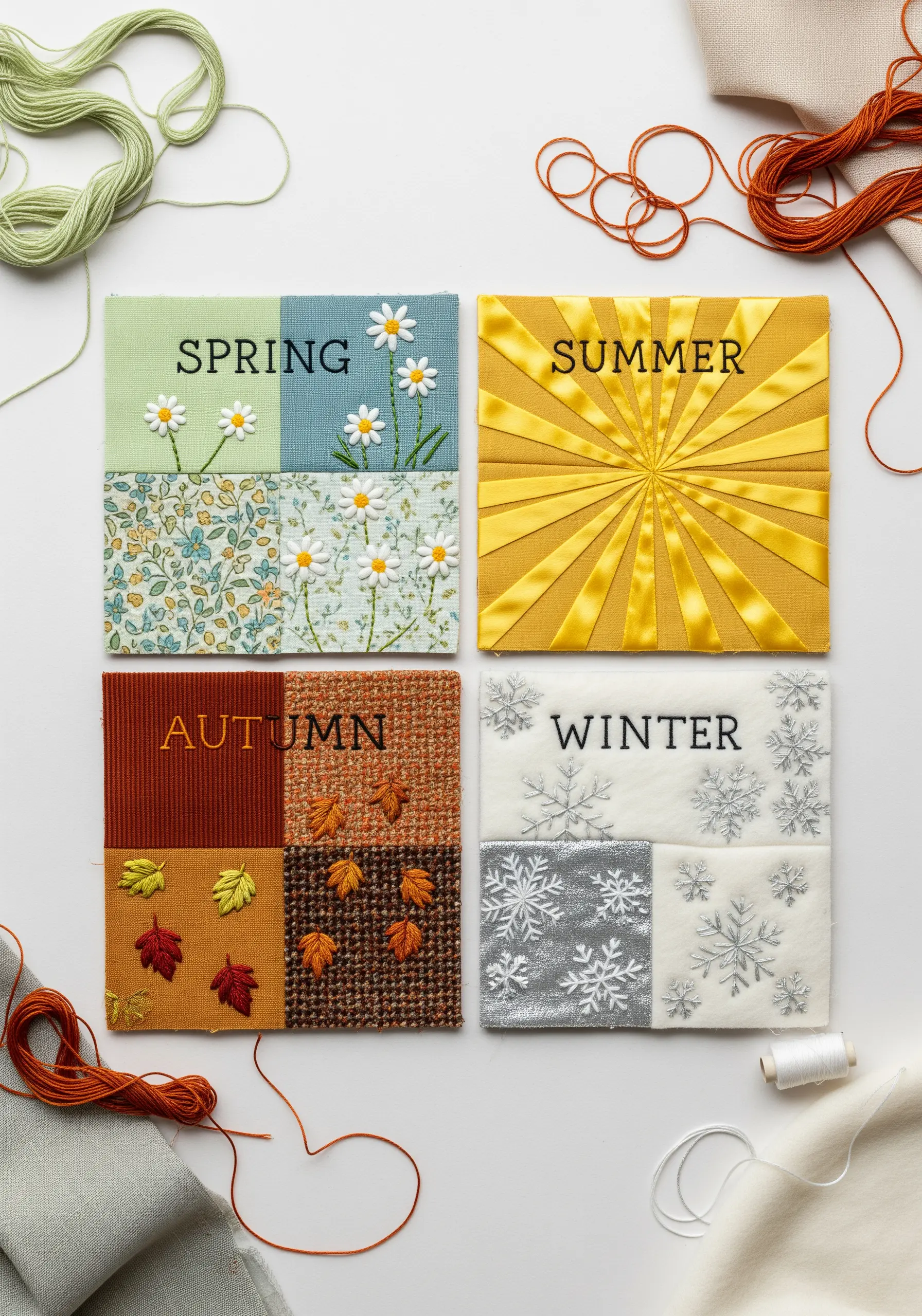 Four fabric squares representing the seasons with distinct textures and embroidery.