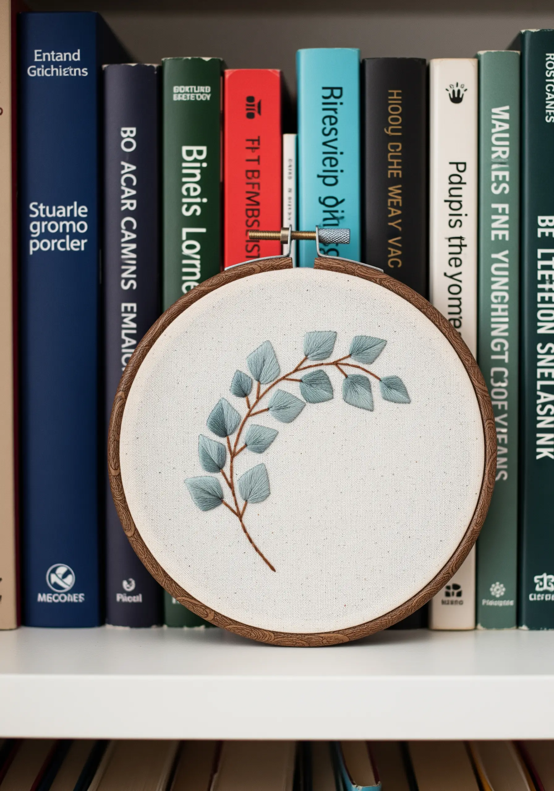 Delicate eucalyptus branch with shaded blue-green leaves in an embroidery hoop.