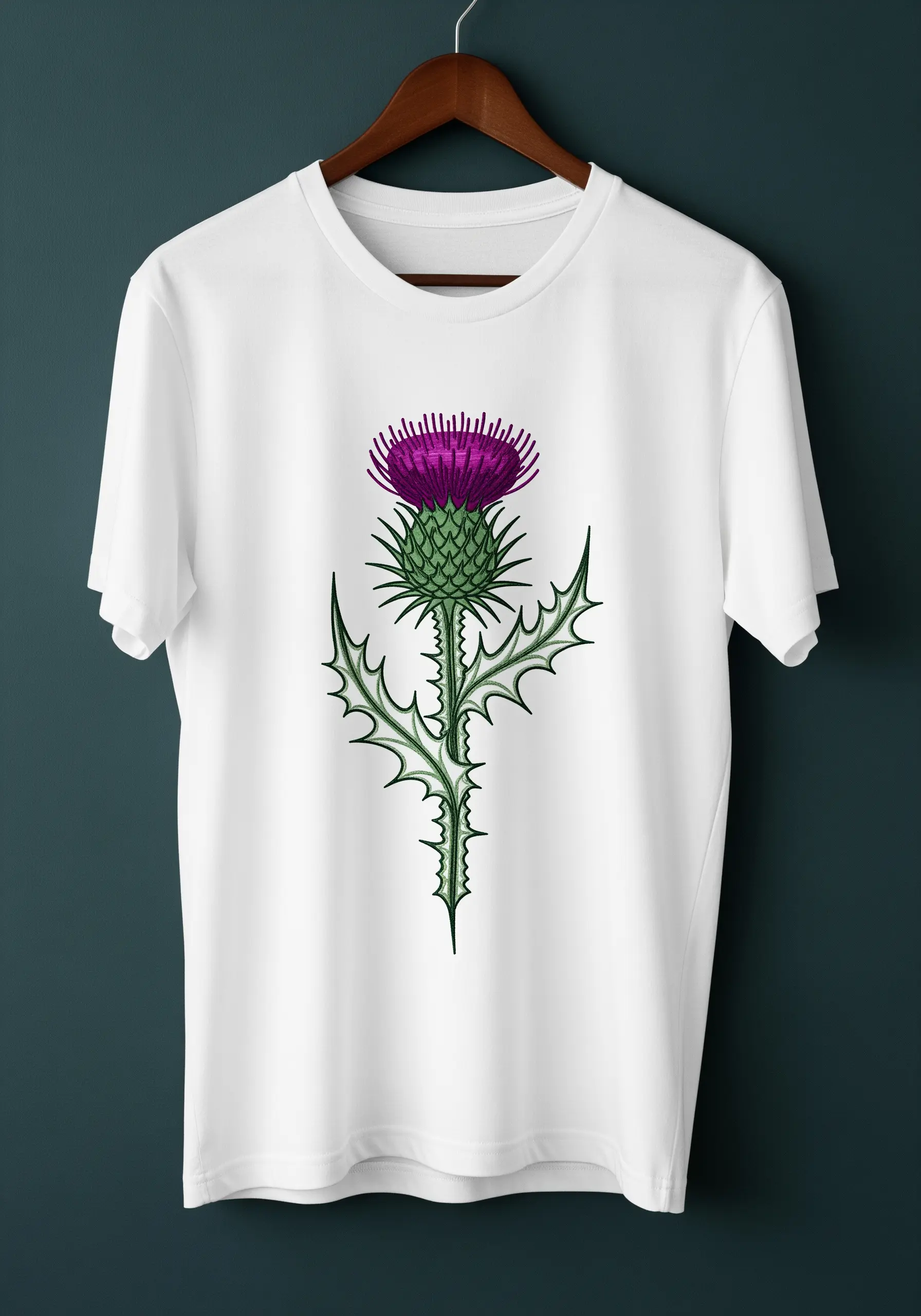 A Scottish thistle embroidered in purple and green on a white t-shirt.
