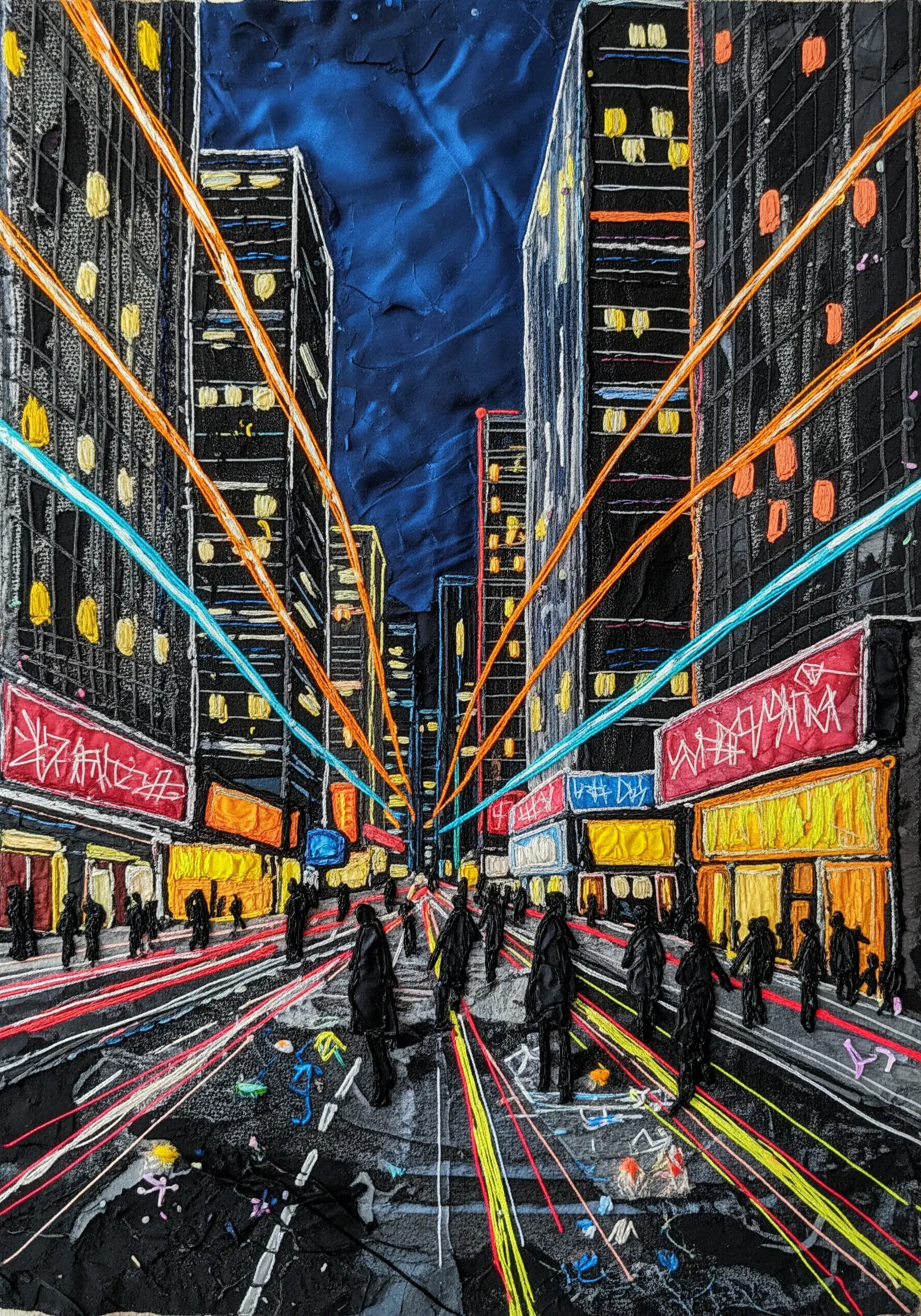 A mixed-media embroidery of a city street at night with dynamic light trails.