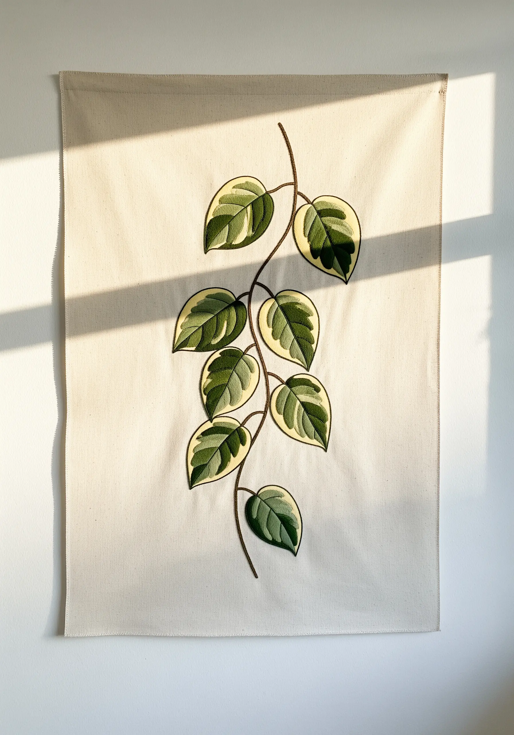 Embroidered wall hanging of a variegated pothos vine with smooth satin-stitched leaves.