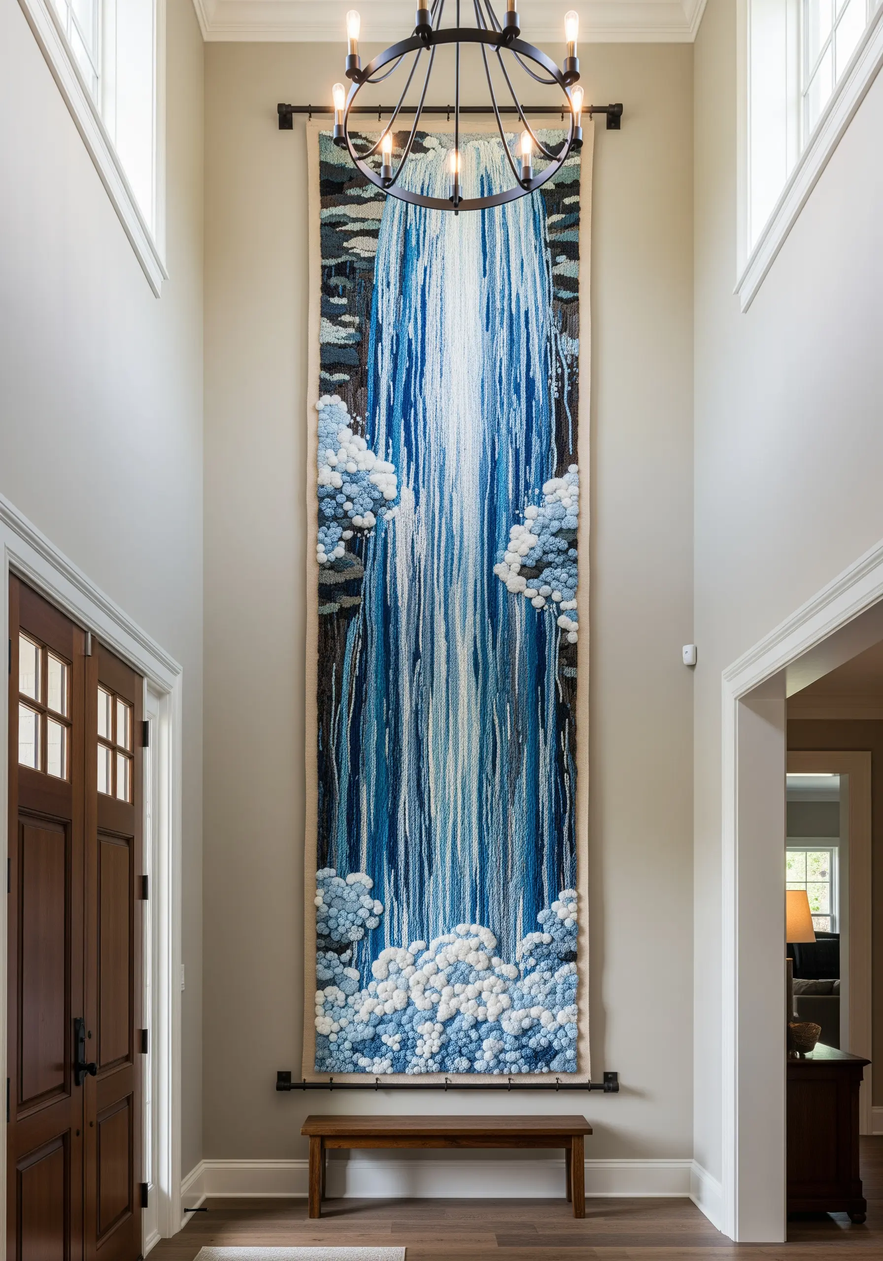 A tall, narrow tapestry depicting a waterfall with long blue threads and fluffy white knots.