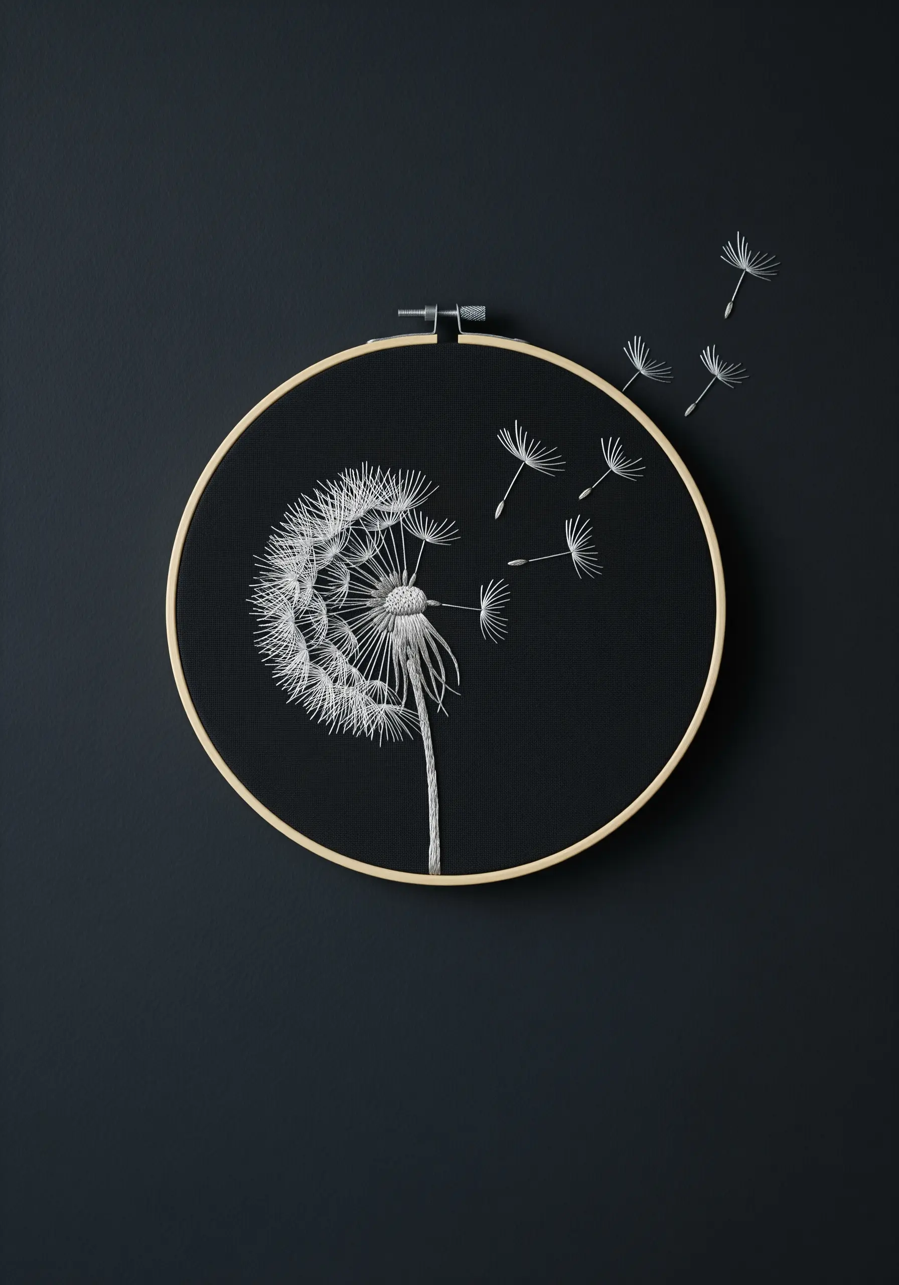 Delicate embroidery of a dandelion blowing in the wind on black fabric.