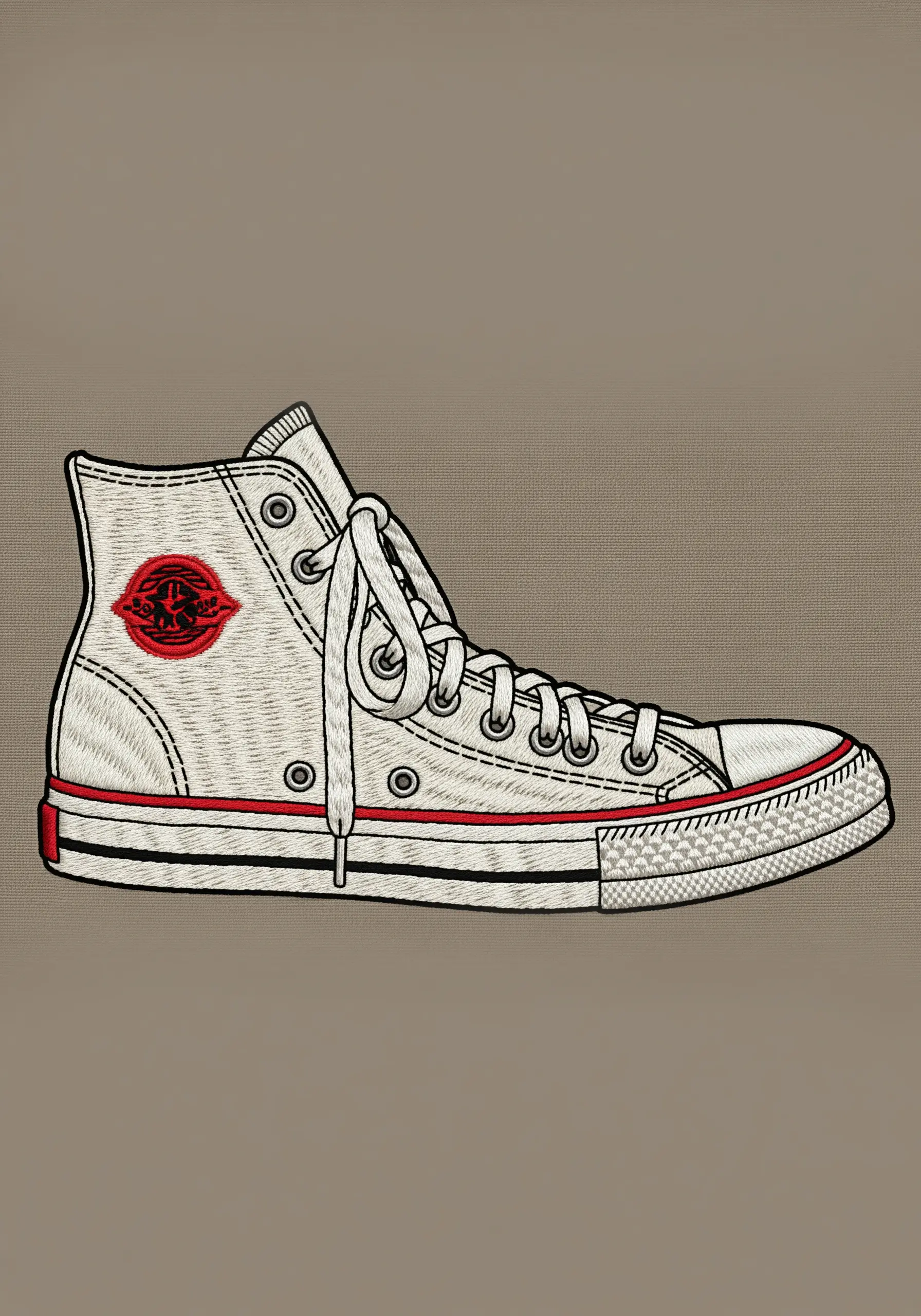 Detailed embroidery of a classic high-top sneaker with realistic textures.