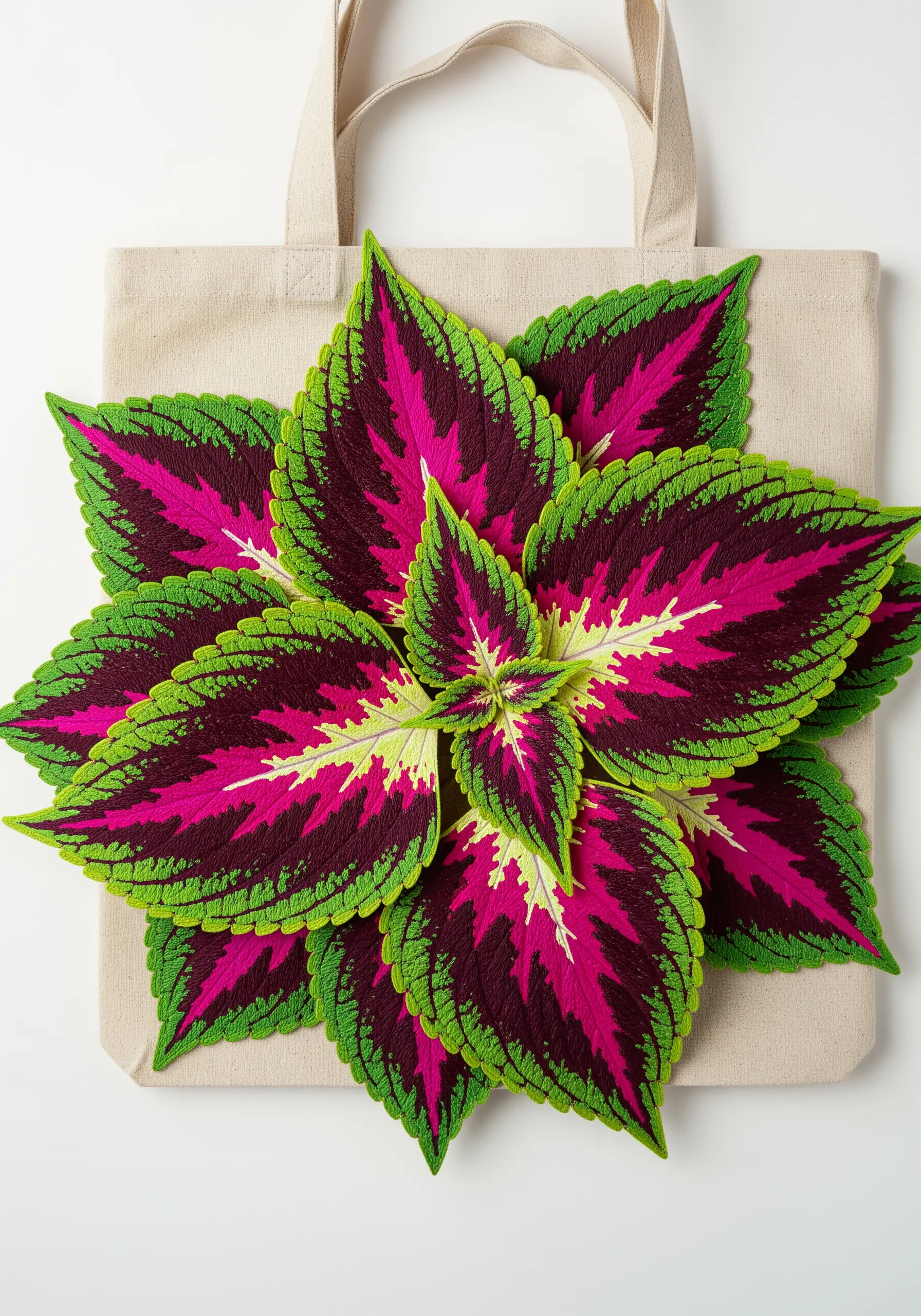 A hyper-realistic, vibrantly colored embroidered coleus plant on a canvas tote bag.