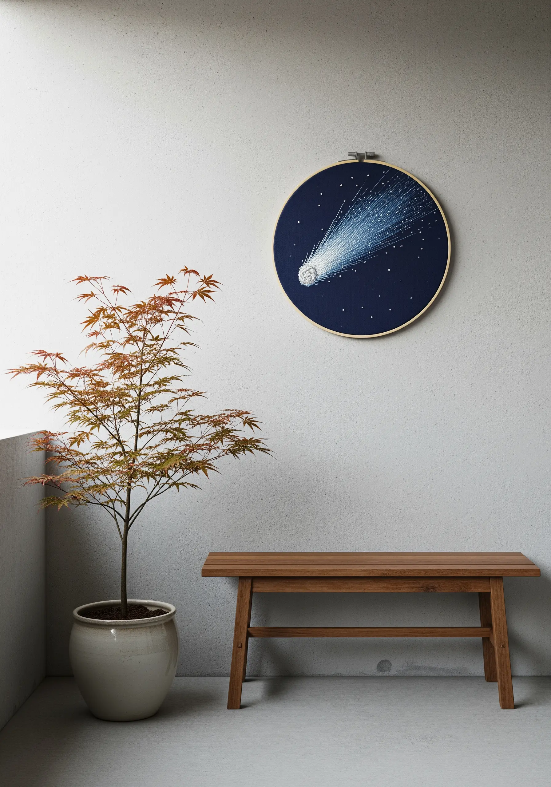 A hoop embroidery of a comet with a long, flowing tail against a dark sky.