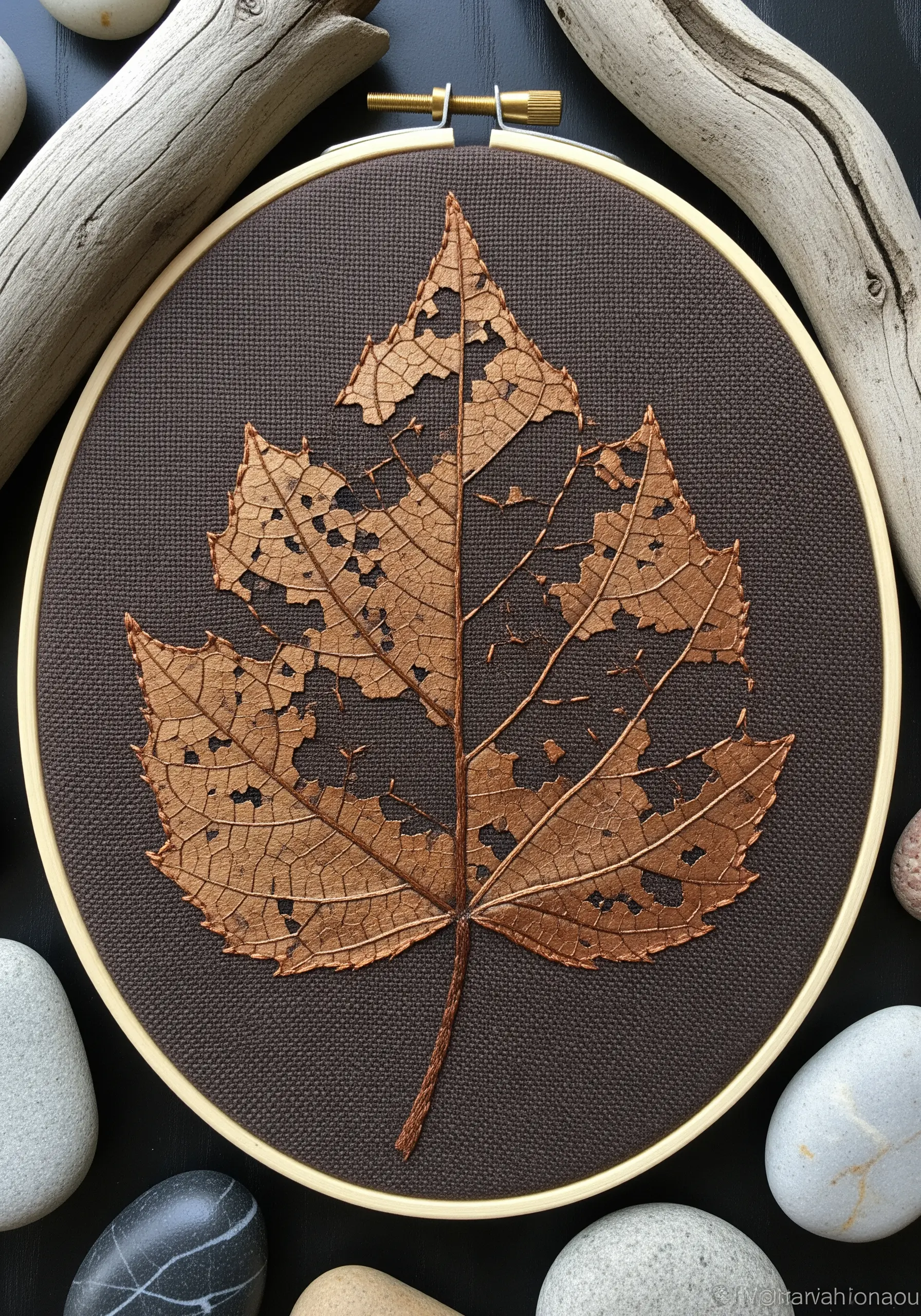 An embroidered decaying leaf where the holes are formed by negative space in the stitching.
