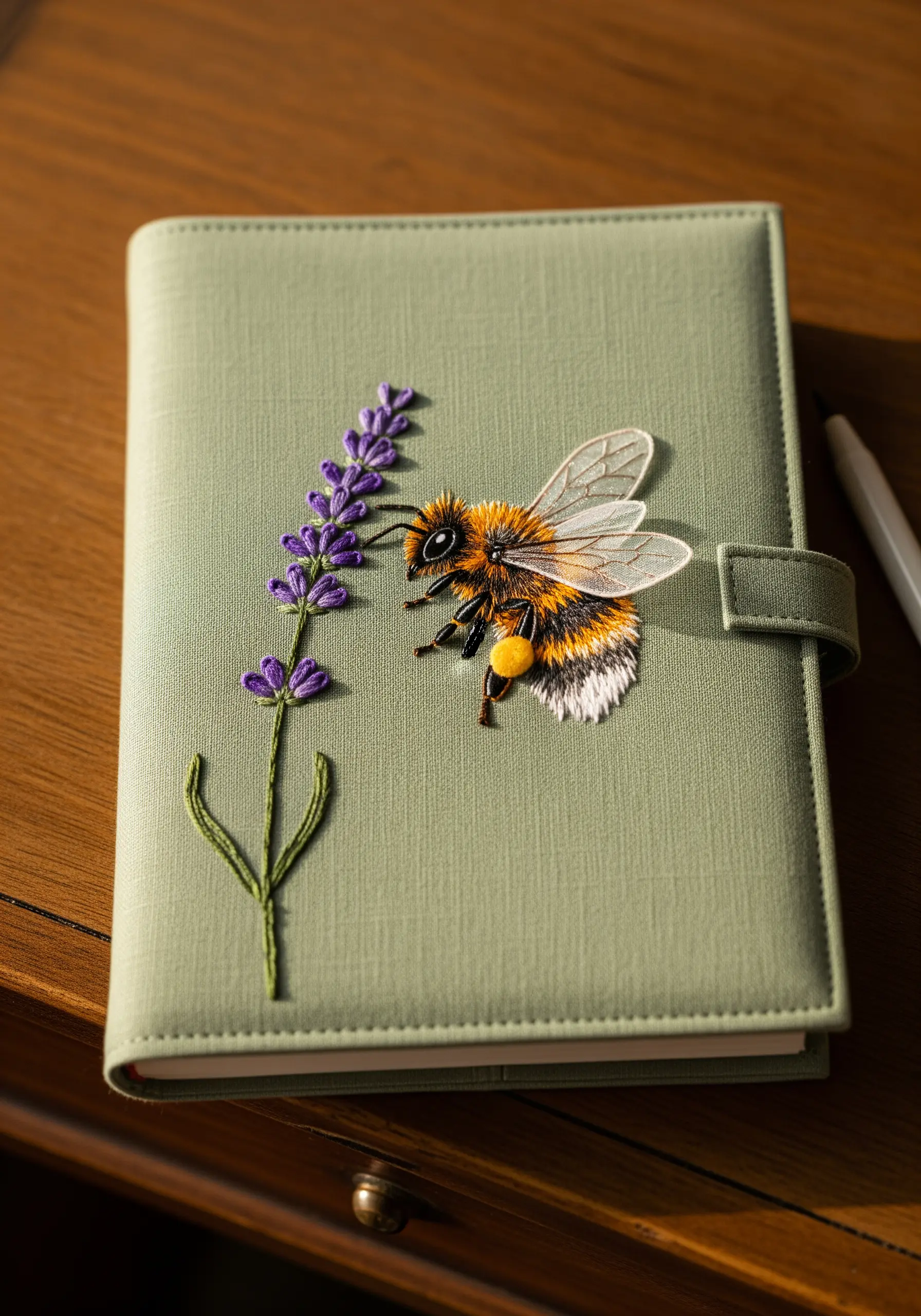 Realistic embroidered bee with translucent wings and lavender on a journal cover.