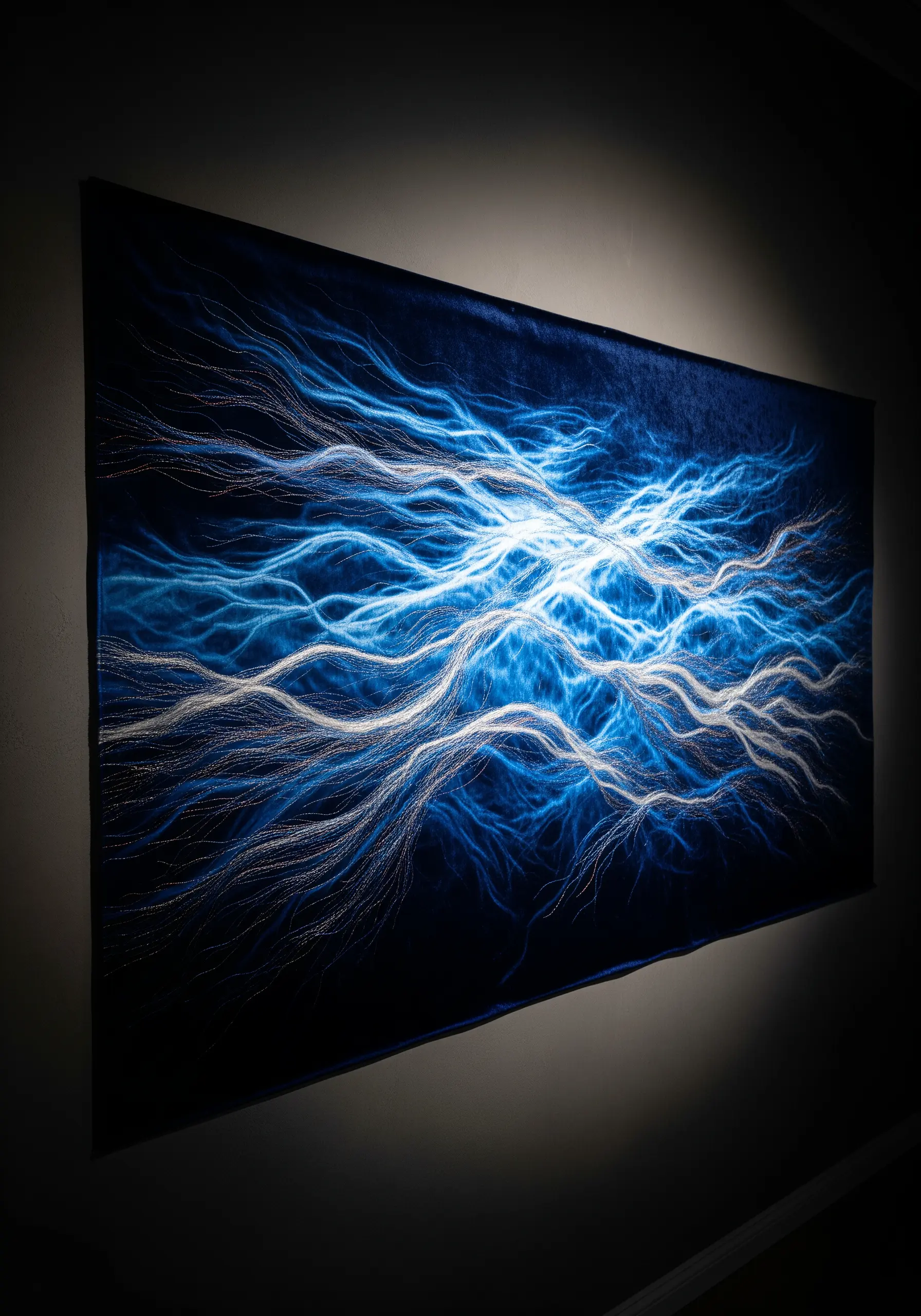 Abstract lightning-like energy waves stitched in blue and white on black velvet.