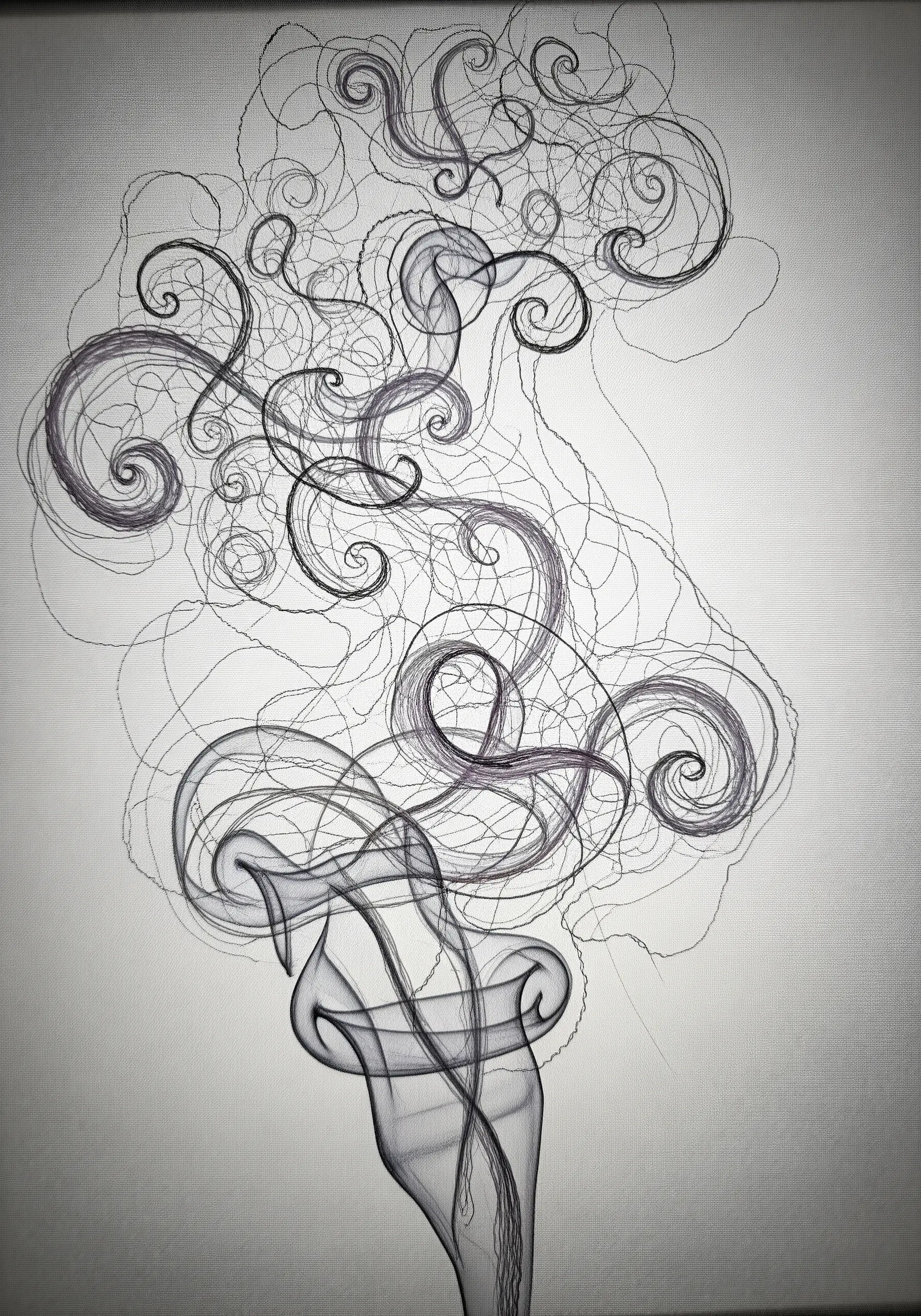 Fine-line black thread embroidery of swirling smoke on a light grey background.