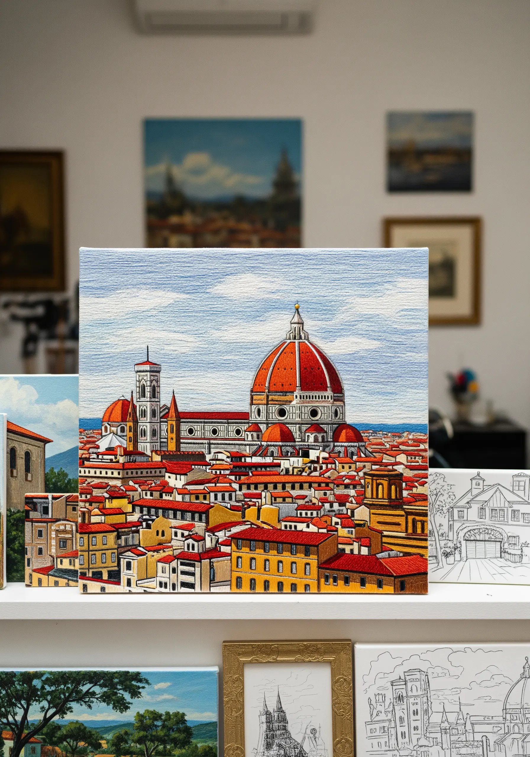 A highly detailed embroidery of the Florence skyline with the Duomo as the centerpiece.