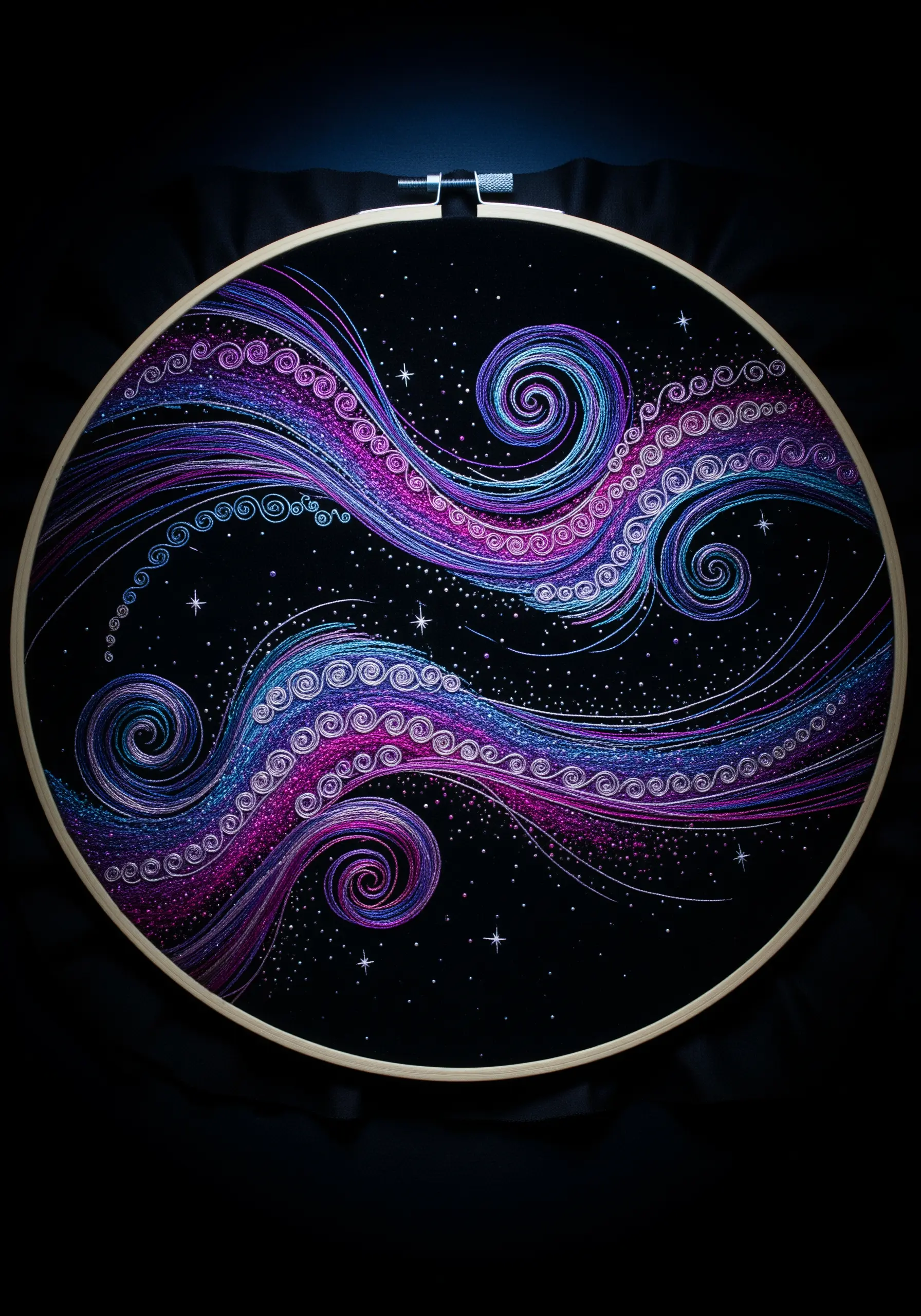 Cosmic swirls in purple and blue variegated thread on black fabric with star-like details.