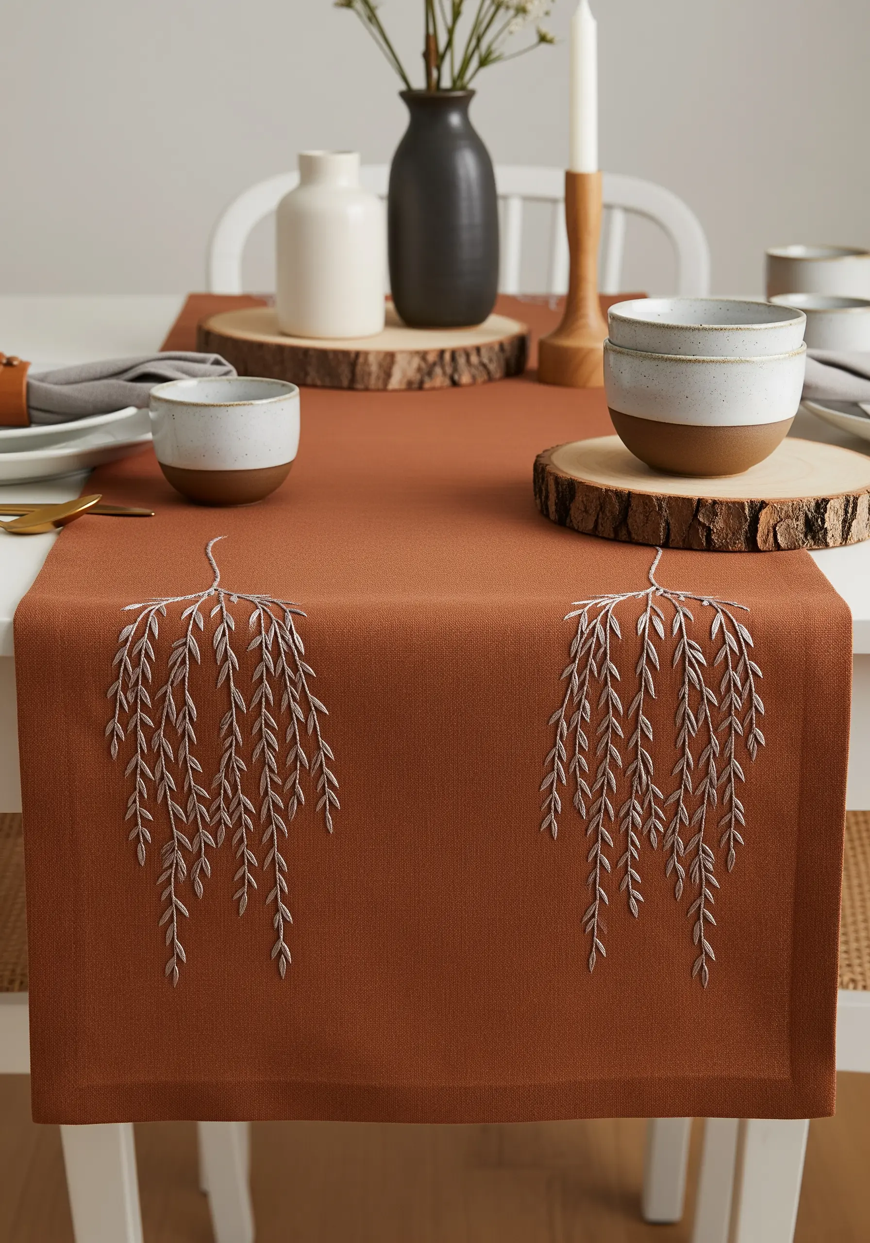 Silver embroidery of two cascading weeping willow branches on a rust-colored table runner.