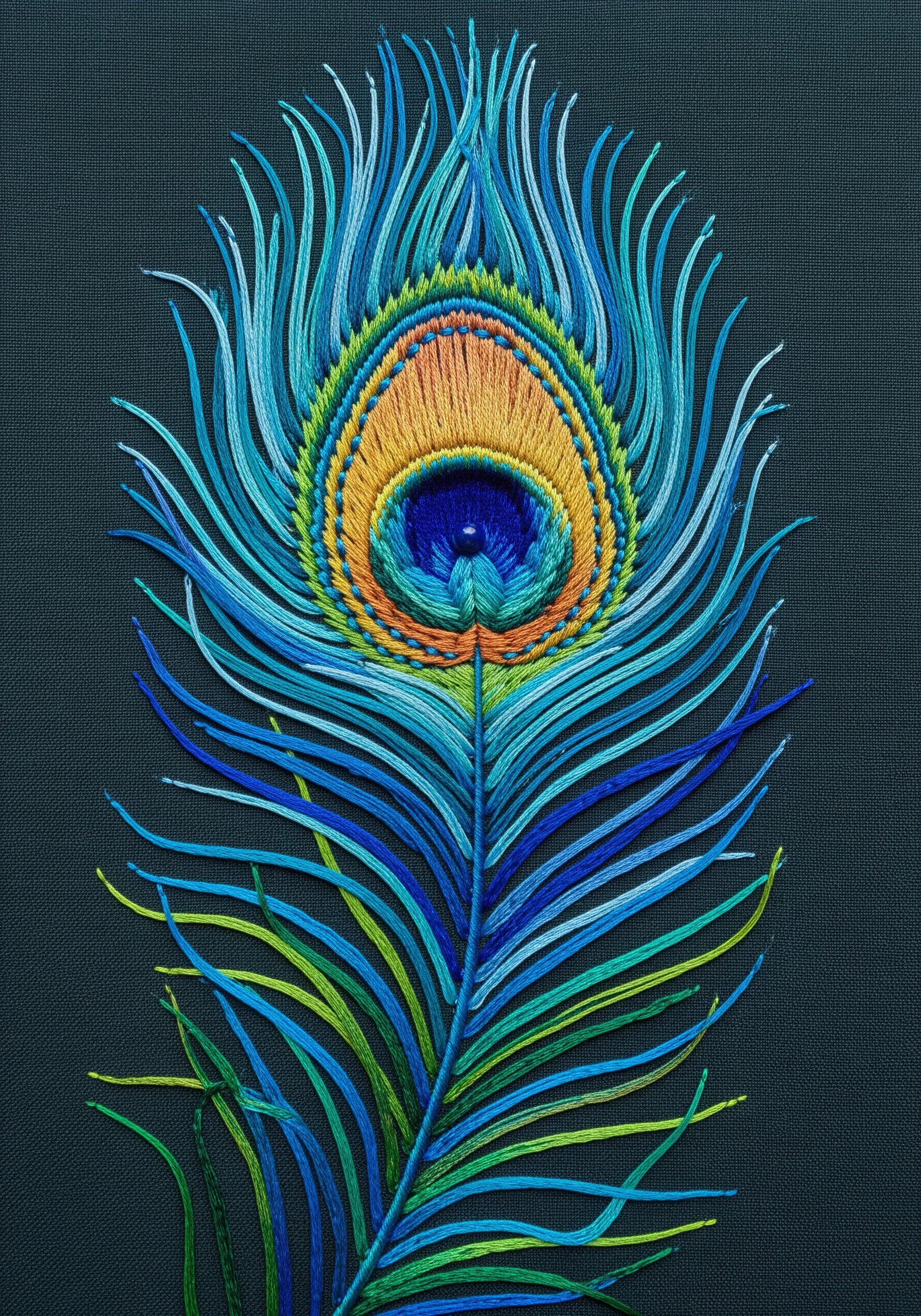 Intricate embroidery of a peacock feather using satin stitch and long straight stitches.