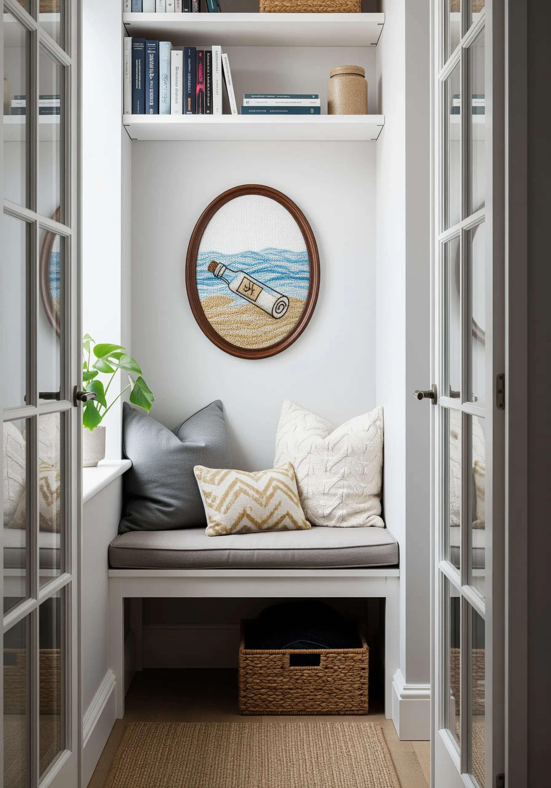 Embroidered message in a bottle on a beach, with textured sand and sea.