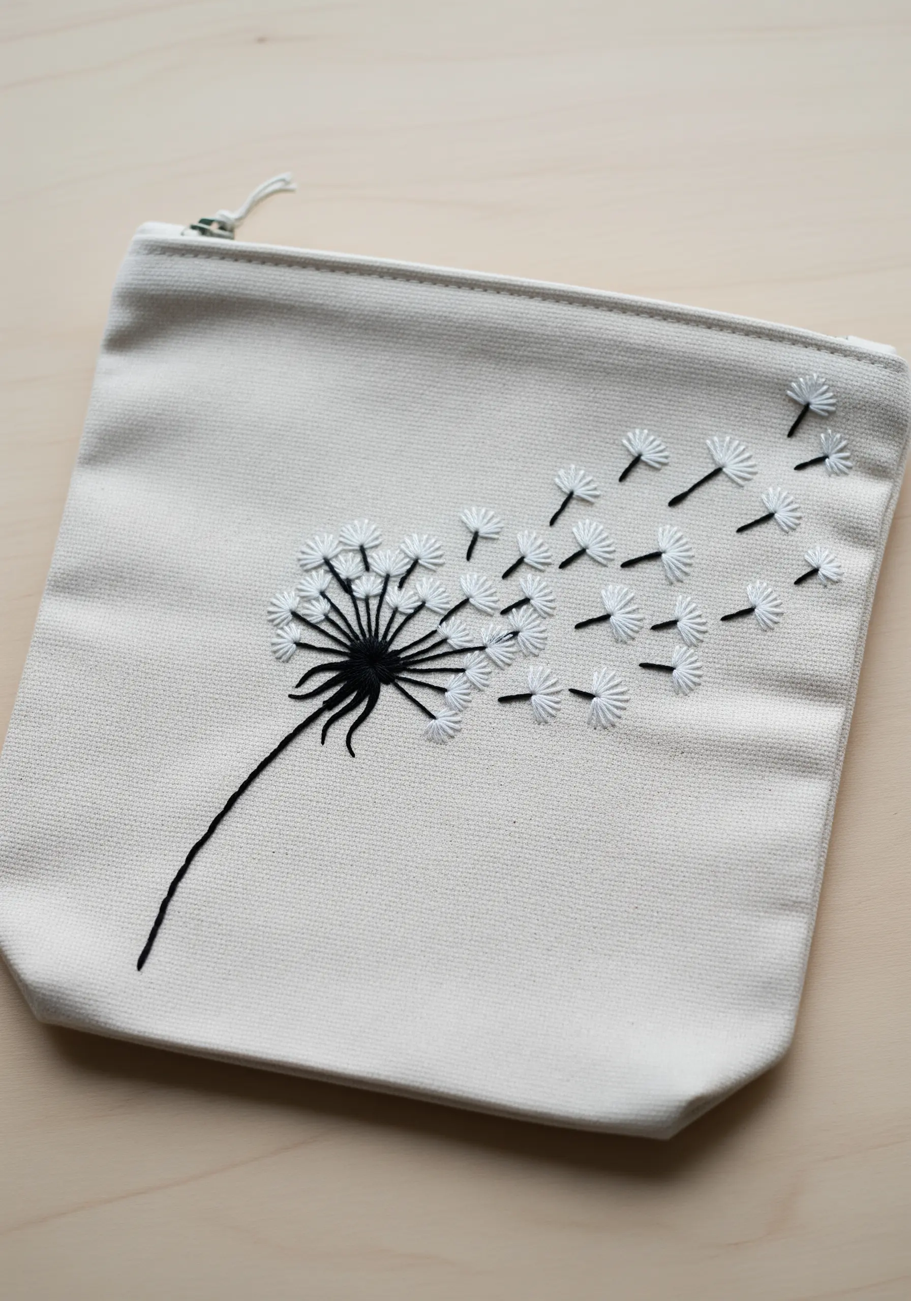A dandelion with seeds blowing in the wind, embroidered in black and white on a canvas pouch.