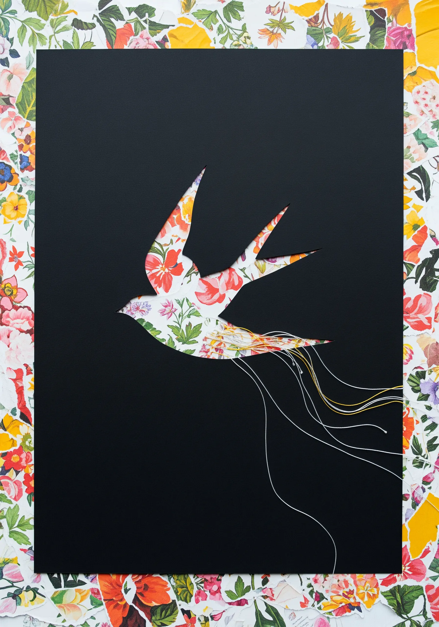 A bird silhouette cut from floral paper on a black background, with loose threads trailing from its tail.