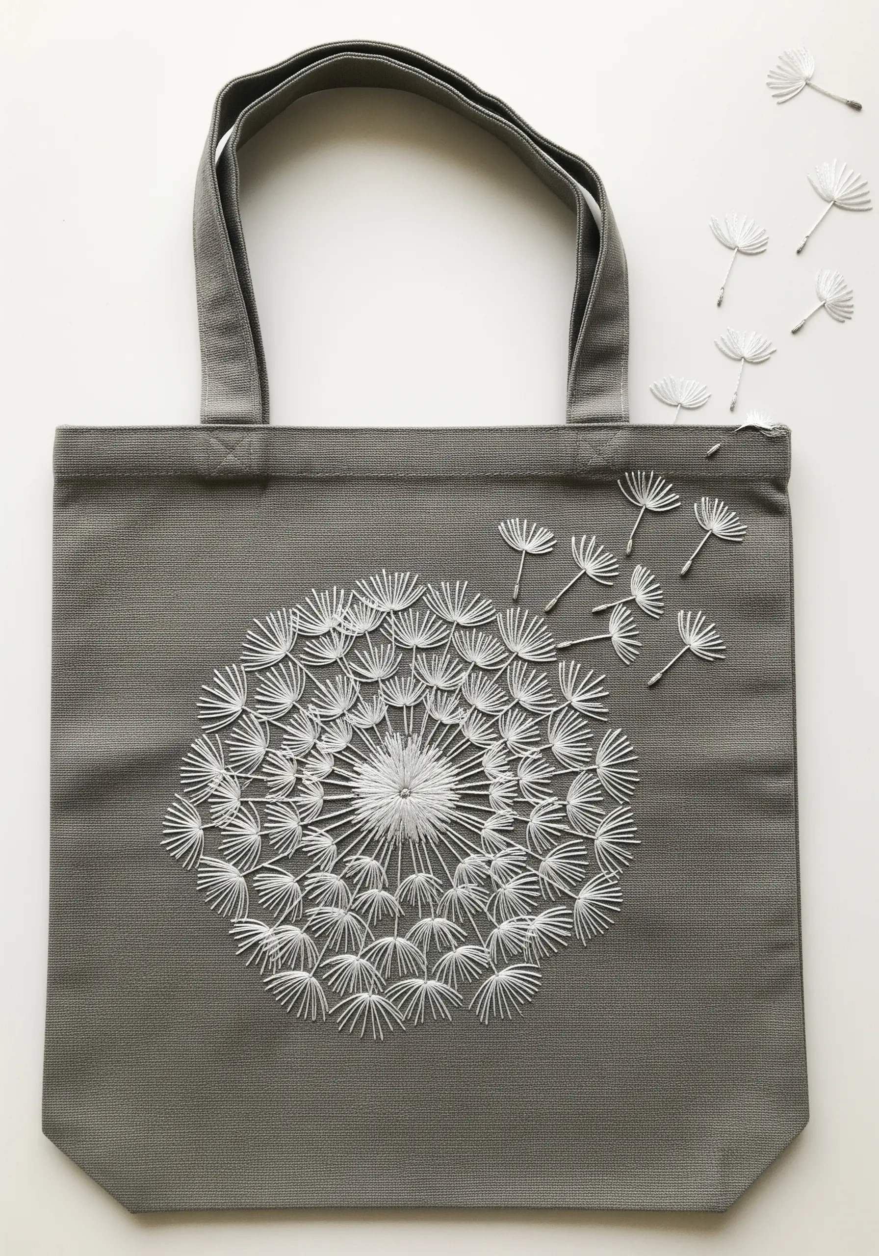 A dandelion seed head embroidered in white thread on a grey tote, with seeds floating away.