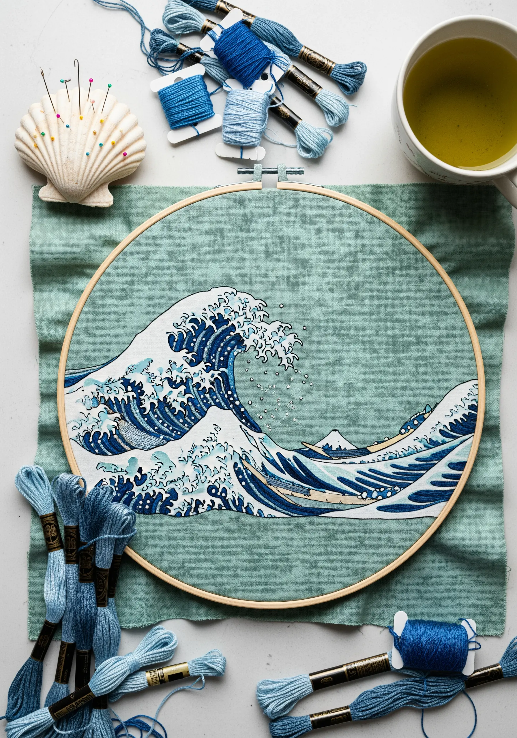 Detailed embroidery of 'The Great Wave off Kanagawa' on muted teal fabric.