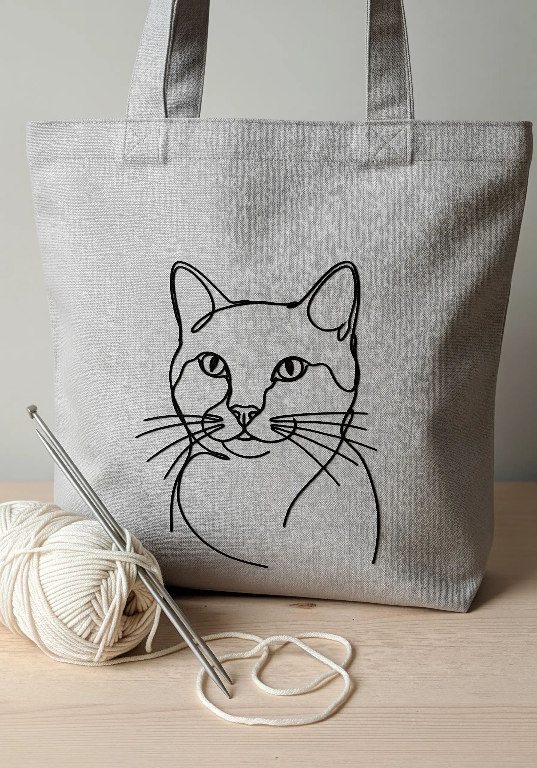 A minimalist line art portrait of a cat's face embroidered on a grey tote.