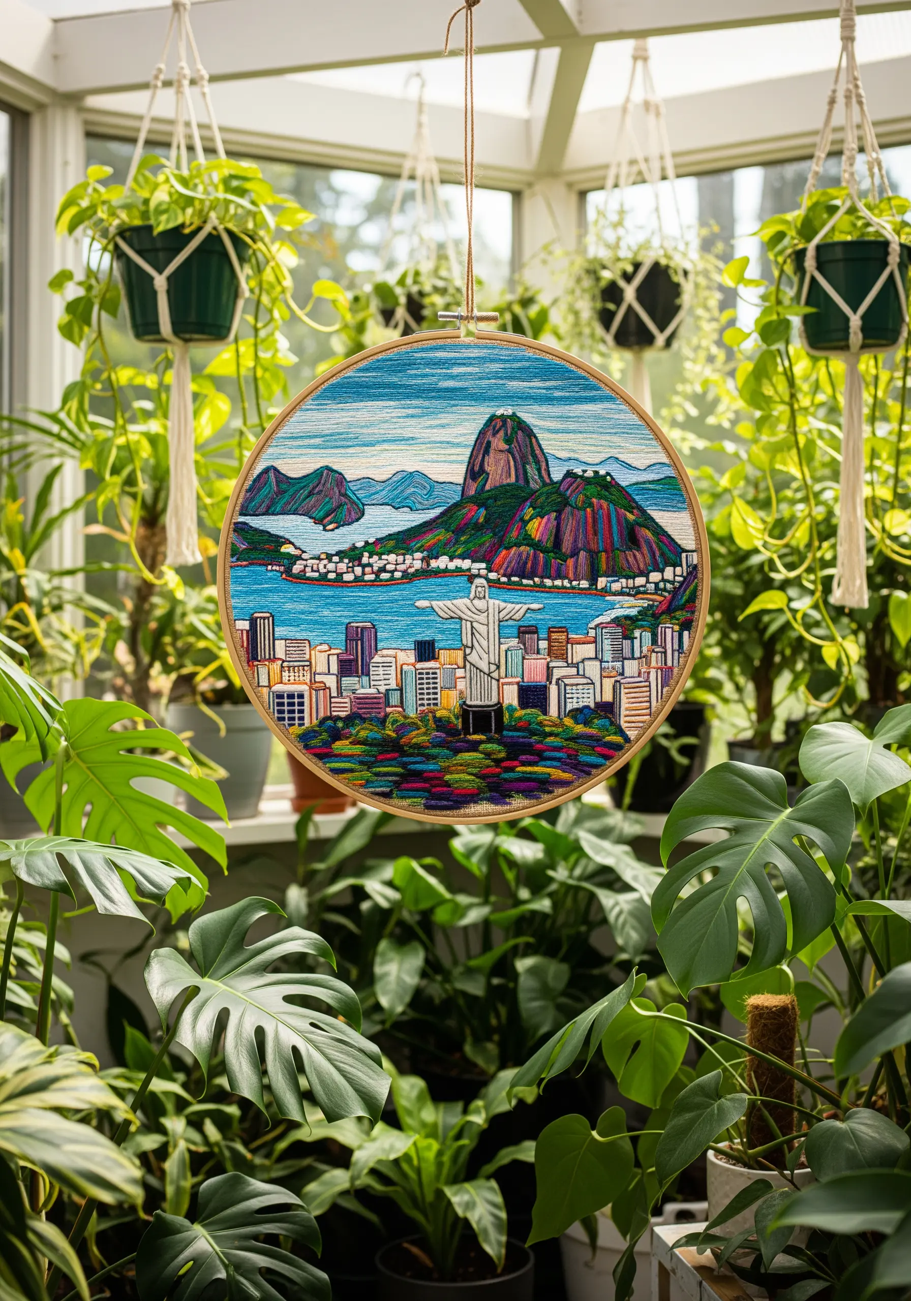 Detailed embroidery of Rio de Janeiro in a hoop, with textured, directional stitches.