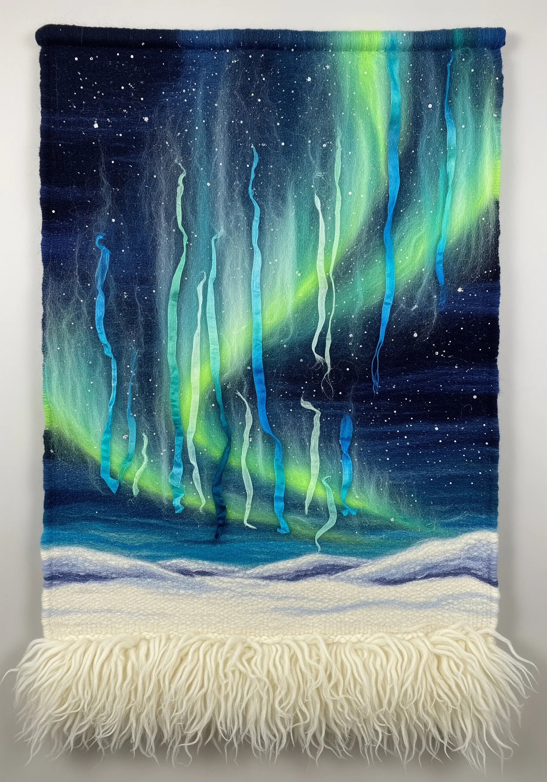 Woven wall hanging of the northern lights, using felted wool and silk ribbons for the aurora.