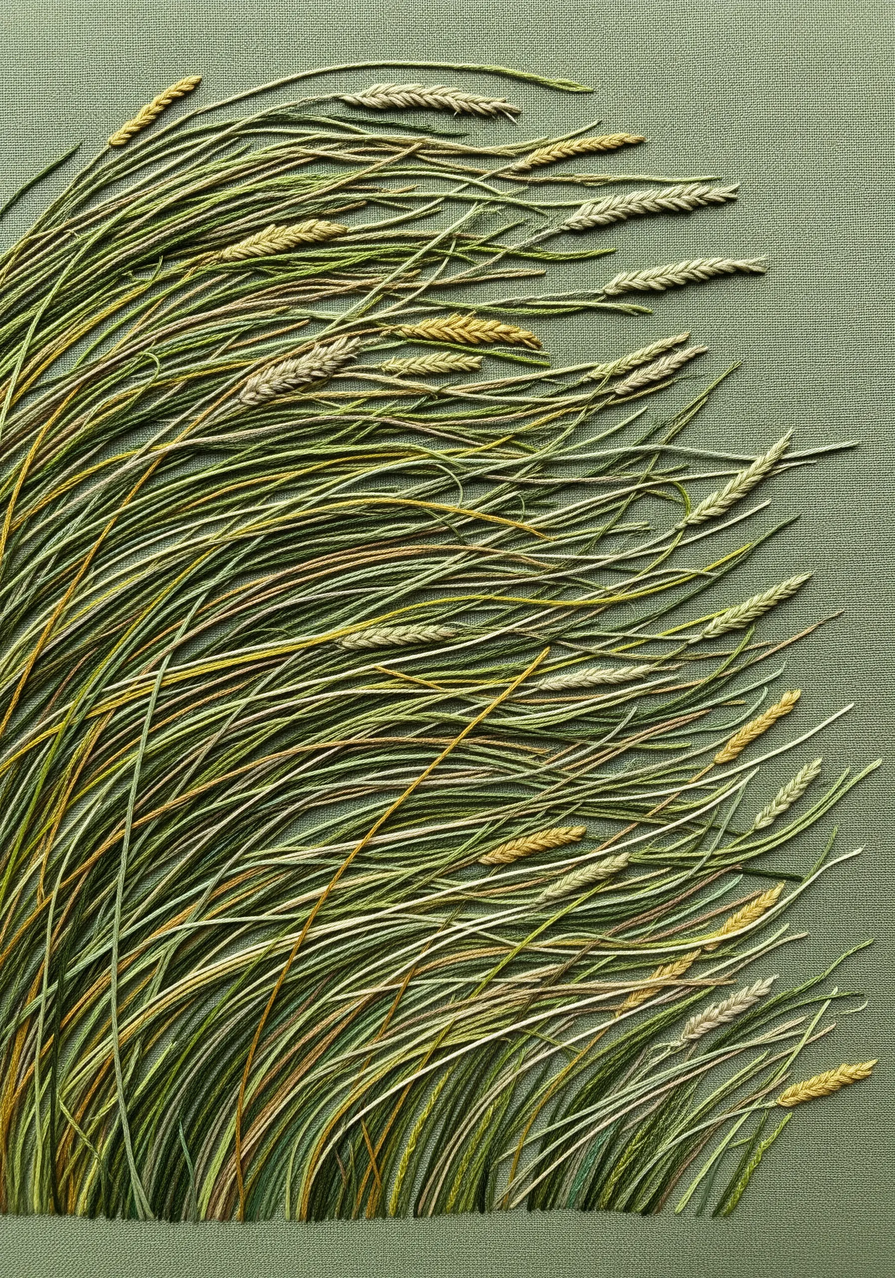 Long straight stitches in greens and yellows depicting blades of grass blowing in the wind.