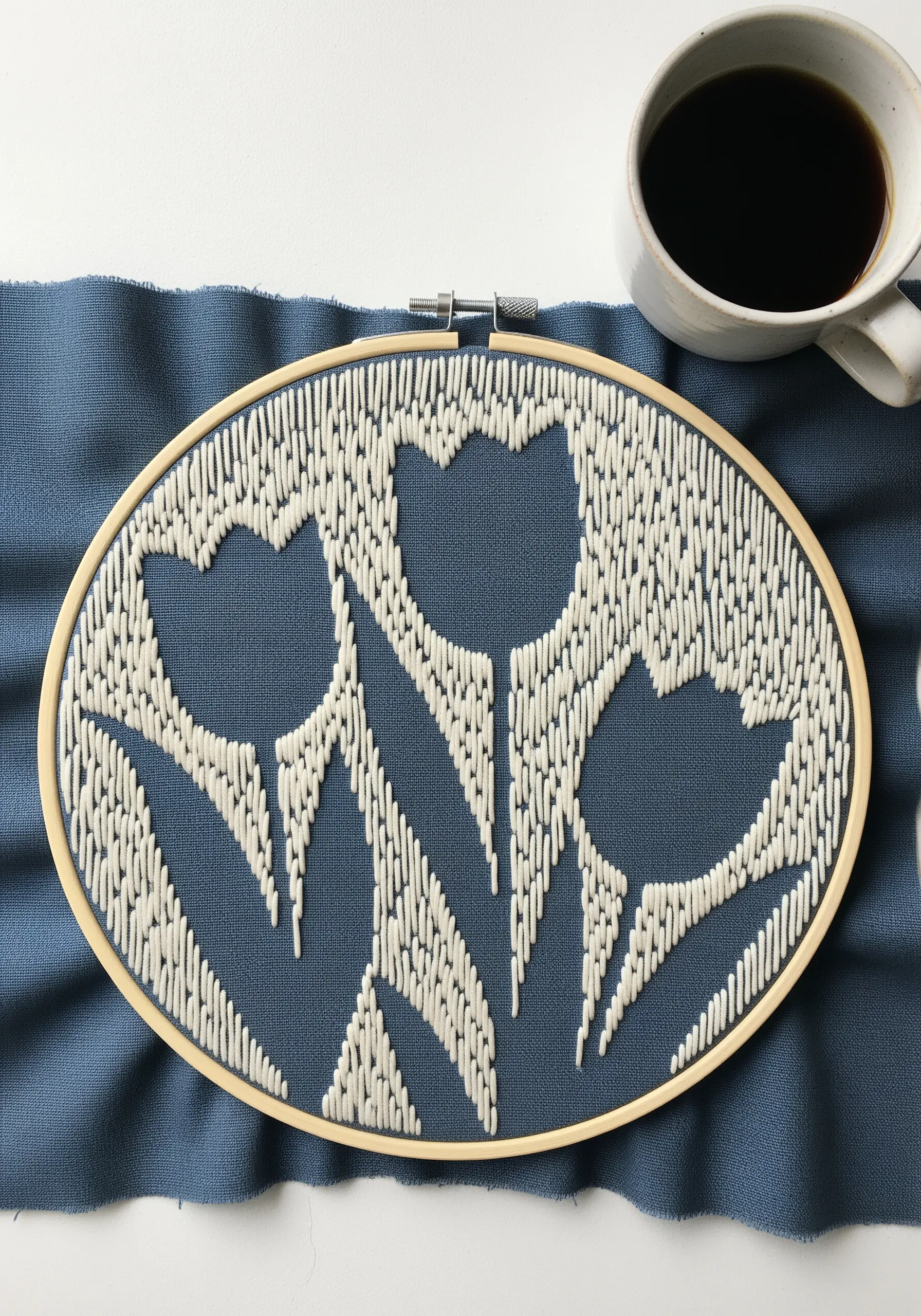 Negative space embroidery of three tulips created with white stitches on blue fabric.
