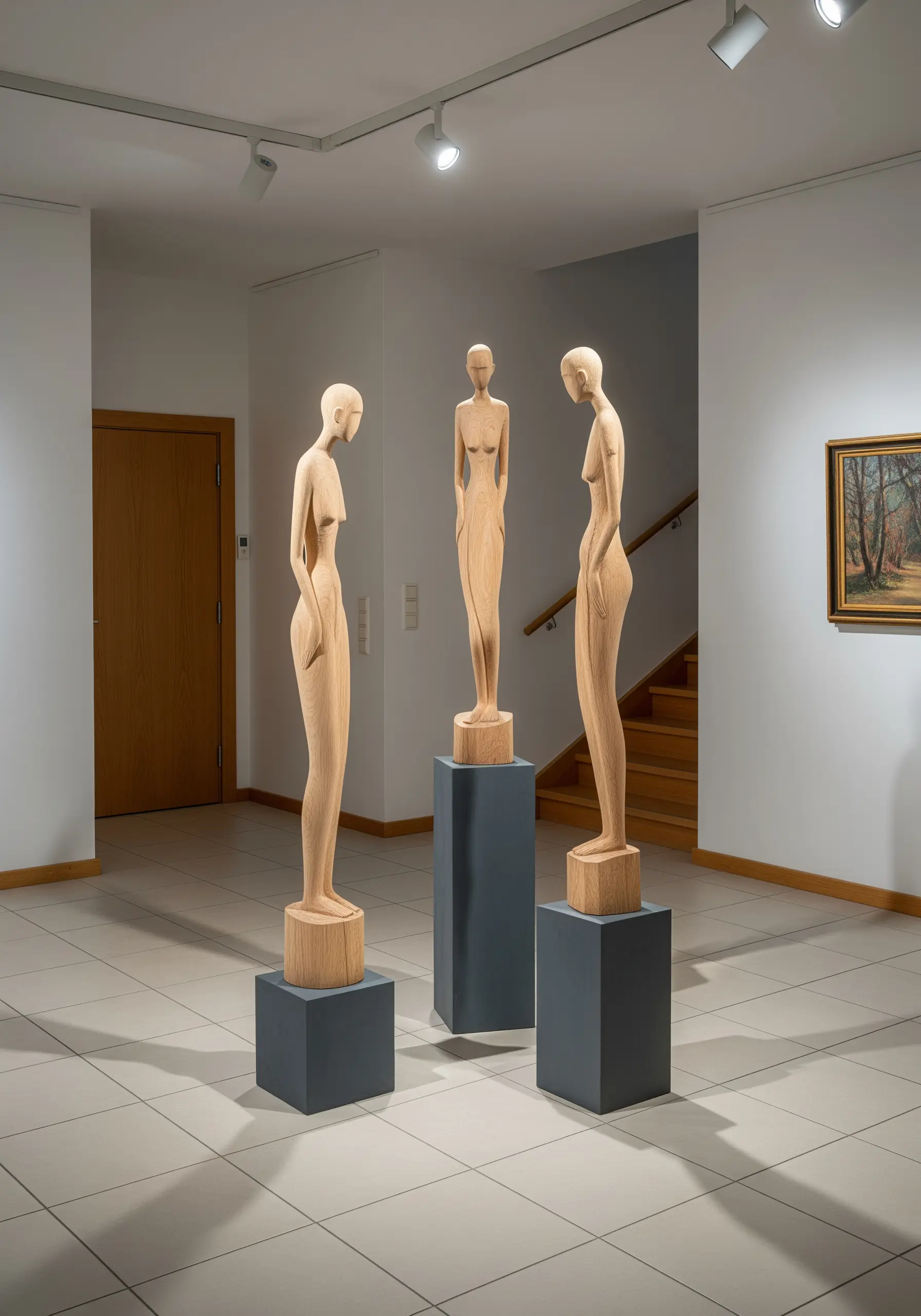 Three tall, slender wooden sculptures of abstract female forms on display in a gallery.
