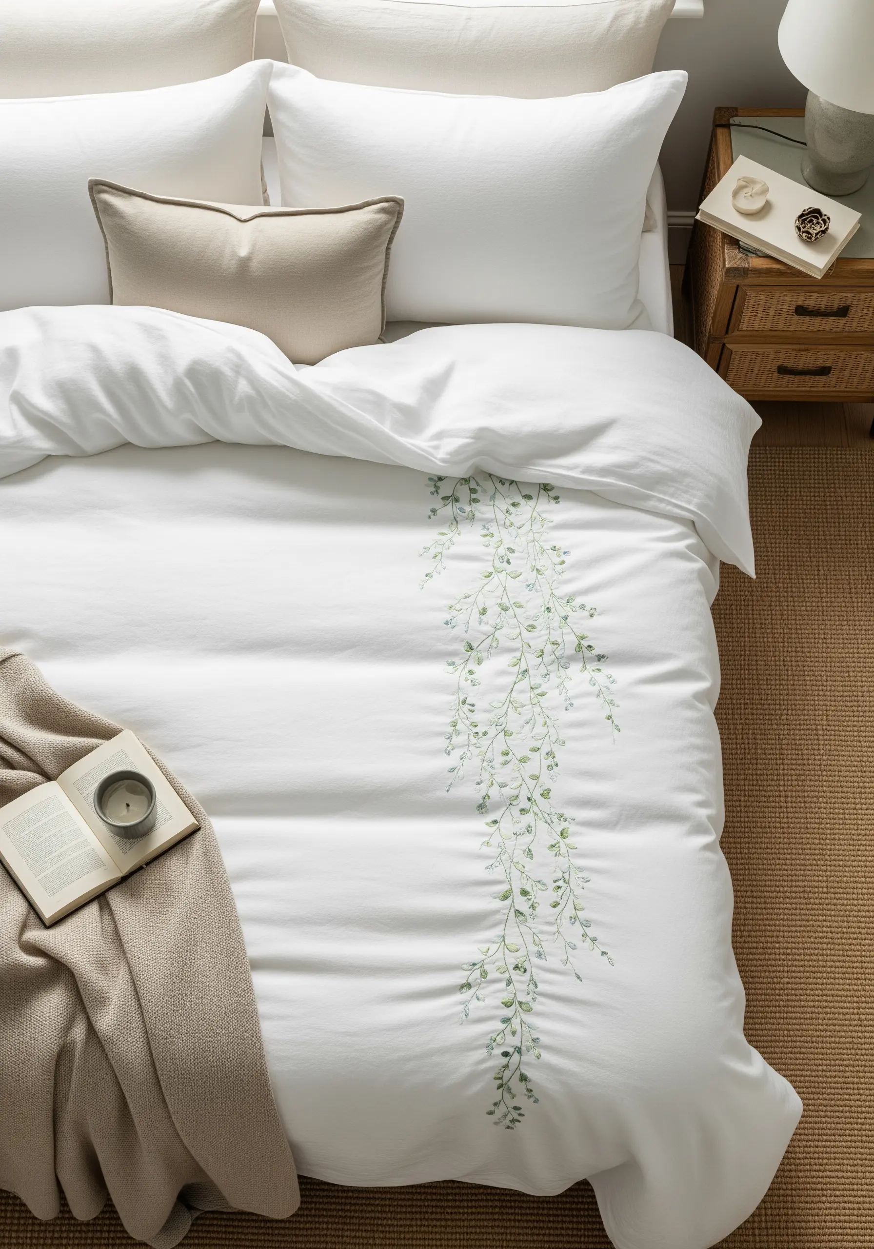 A delicate green vine embroidered vertically down the center of a white duvet cover.