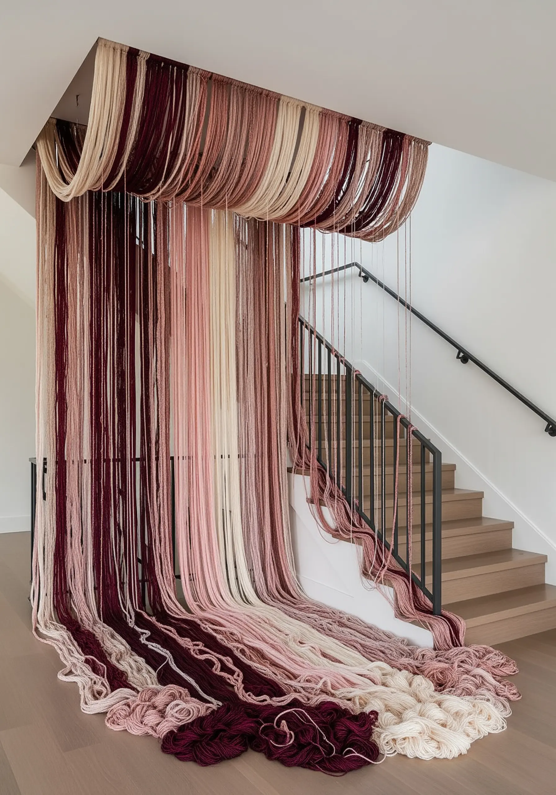 A floor-to-ceiling yarn installation cascading down a staircase in shades of pink and red.