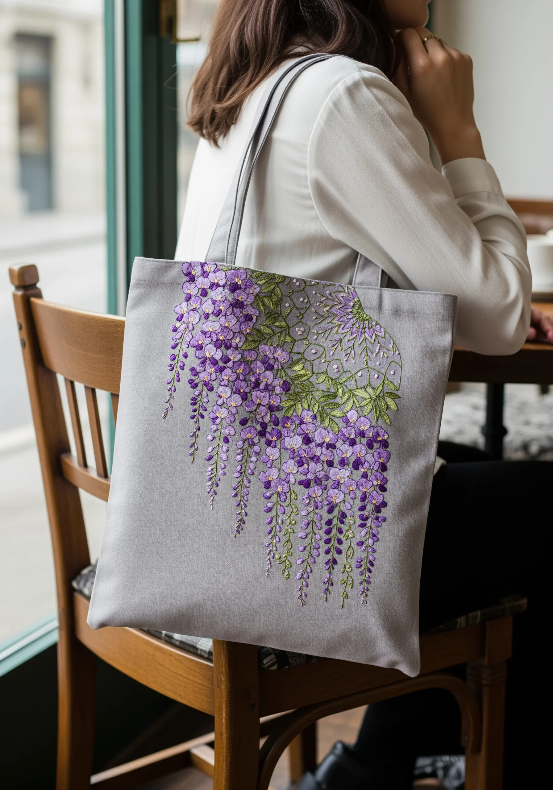 A cascade of purple embroidered wisteria flowers with green leaves on a light grey tote bag.