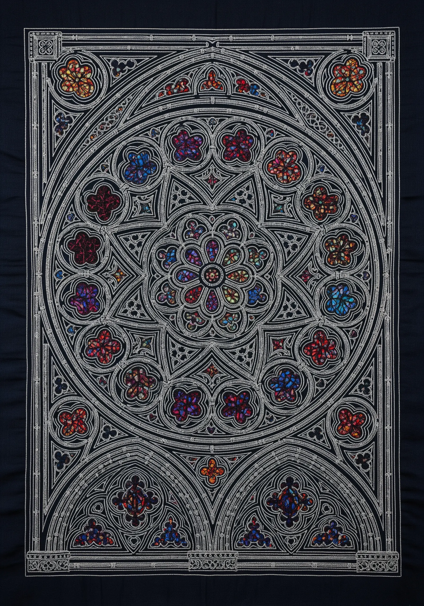 An intricate embroidery of a cathedral rose window with white outlines and colorful panes on black fabric.