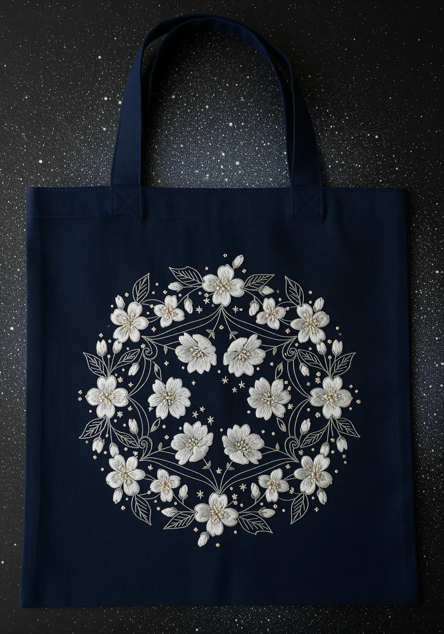 A wreath of white and silver embroidered cherry blossoms with bead details on a navy tote bag.