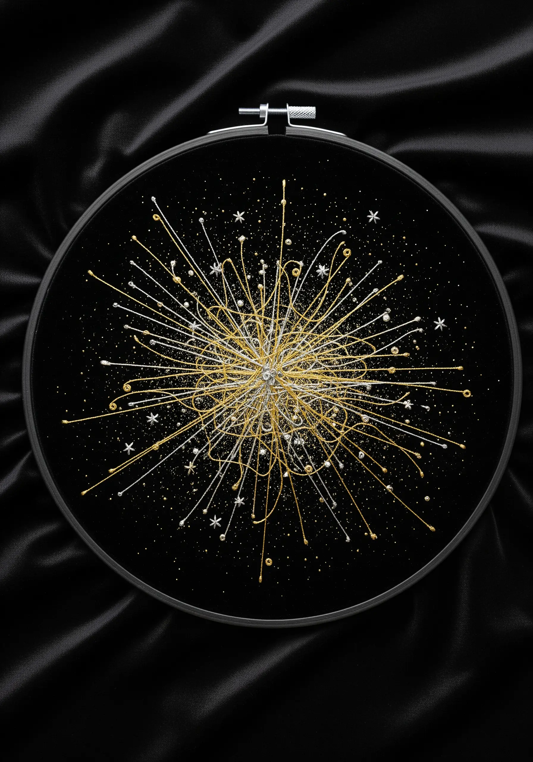 A celestial explosion of gold and silver metallic thread on black satin in a hoop.