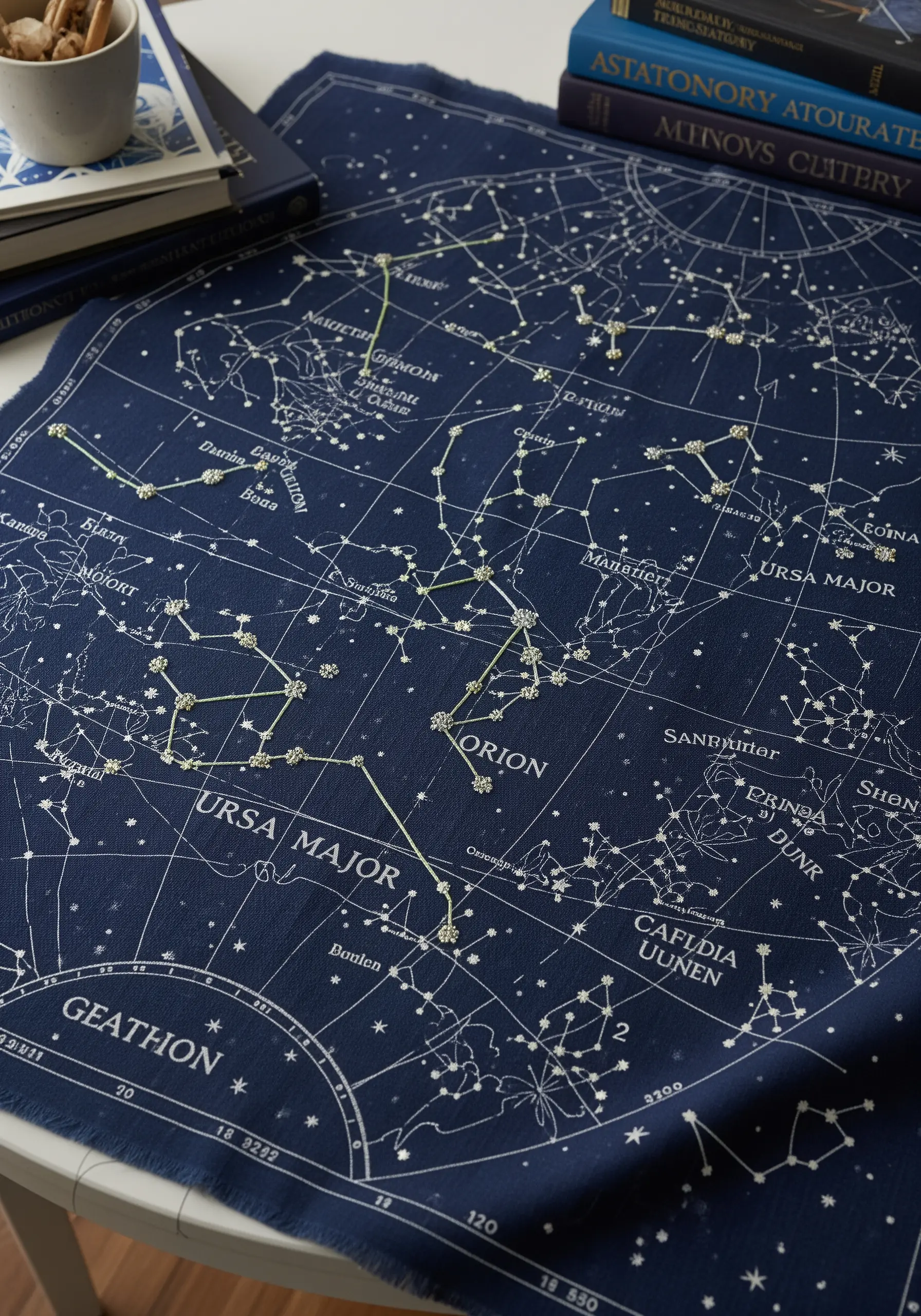 A printed constellation map on dark blue fabric with select constellations highlighted with green embroidery.