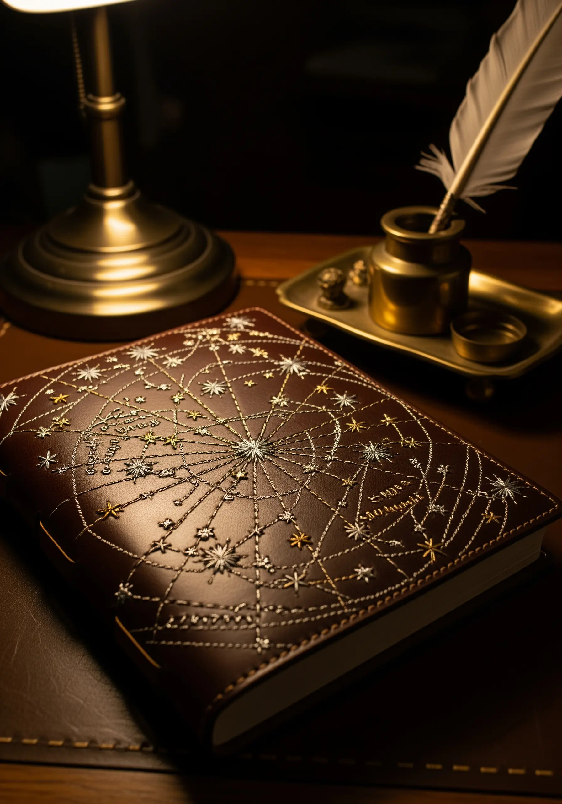 Embroidered celestial map with metallic stars on a brown leather book cover.