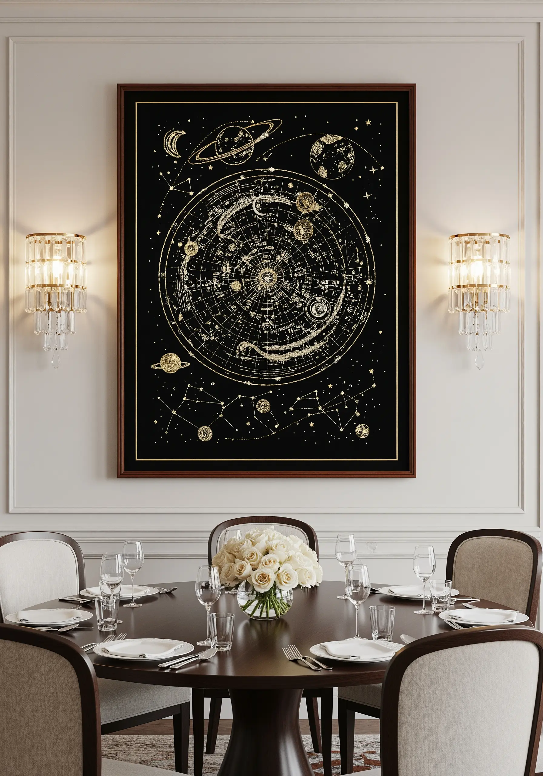 An intricate celestial map embroidered entirely in gold metallic thread on black fabric.