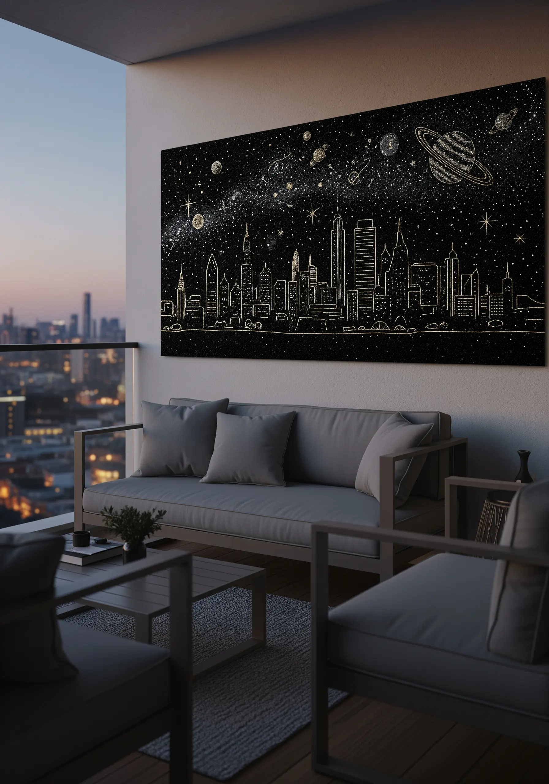 A large embroidery of a city skyline under a starry, cosmic sky.