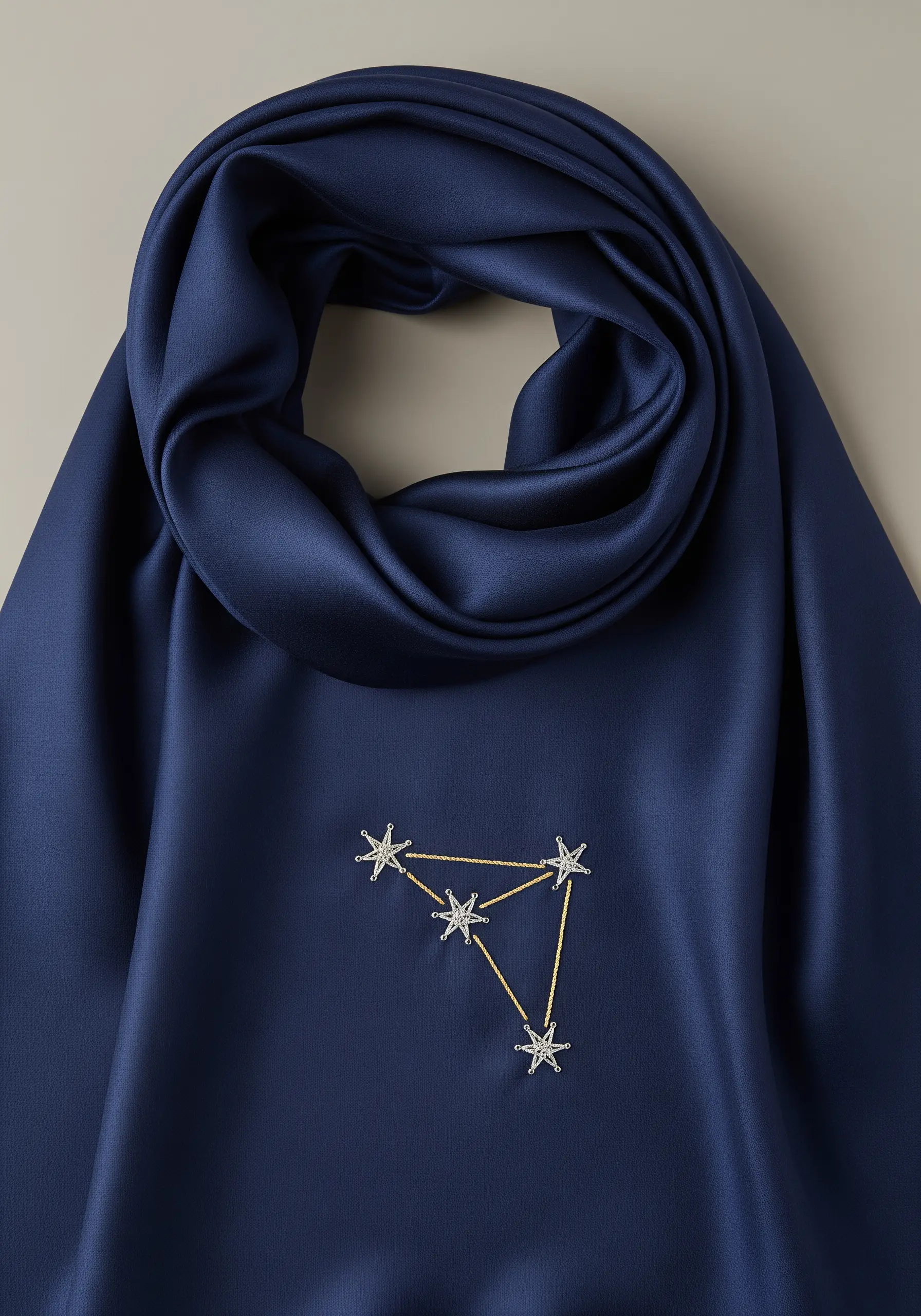 Embroidered constellation using silver and gold metallic threads on a navy blue satin scarf.
