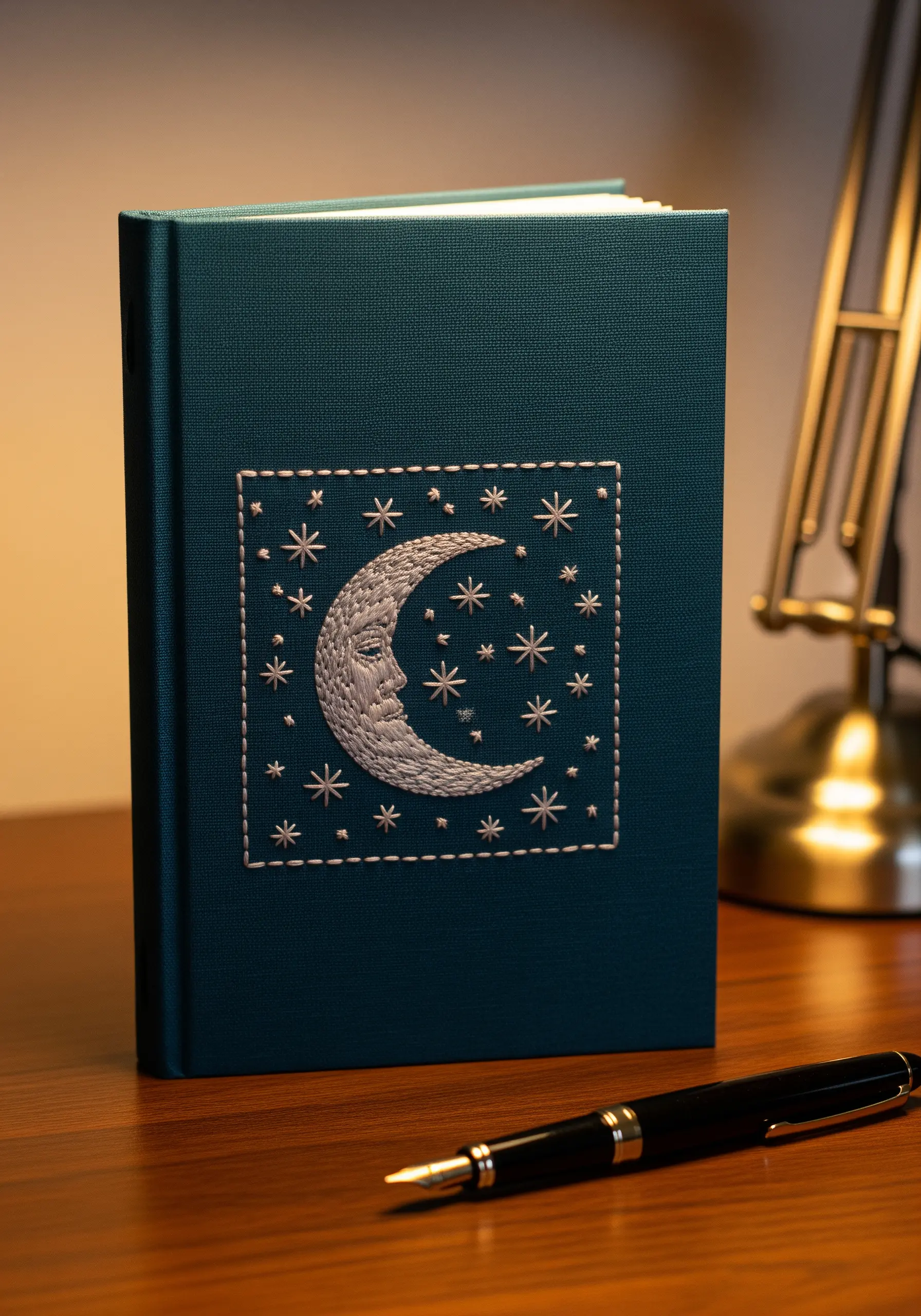 An embroidered moon and stars design on the cover of a dark green journal