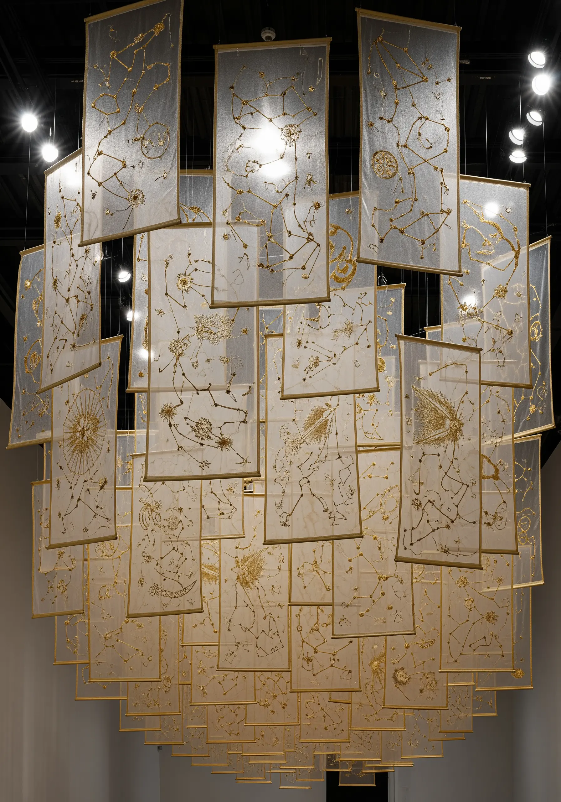 Gold constellation embroidery on layered, sheer fabric panels hanging from a ceiling.