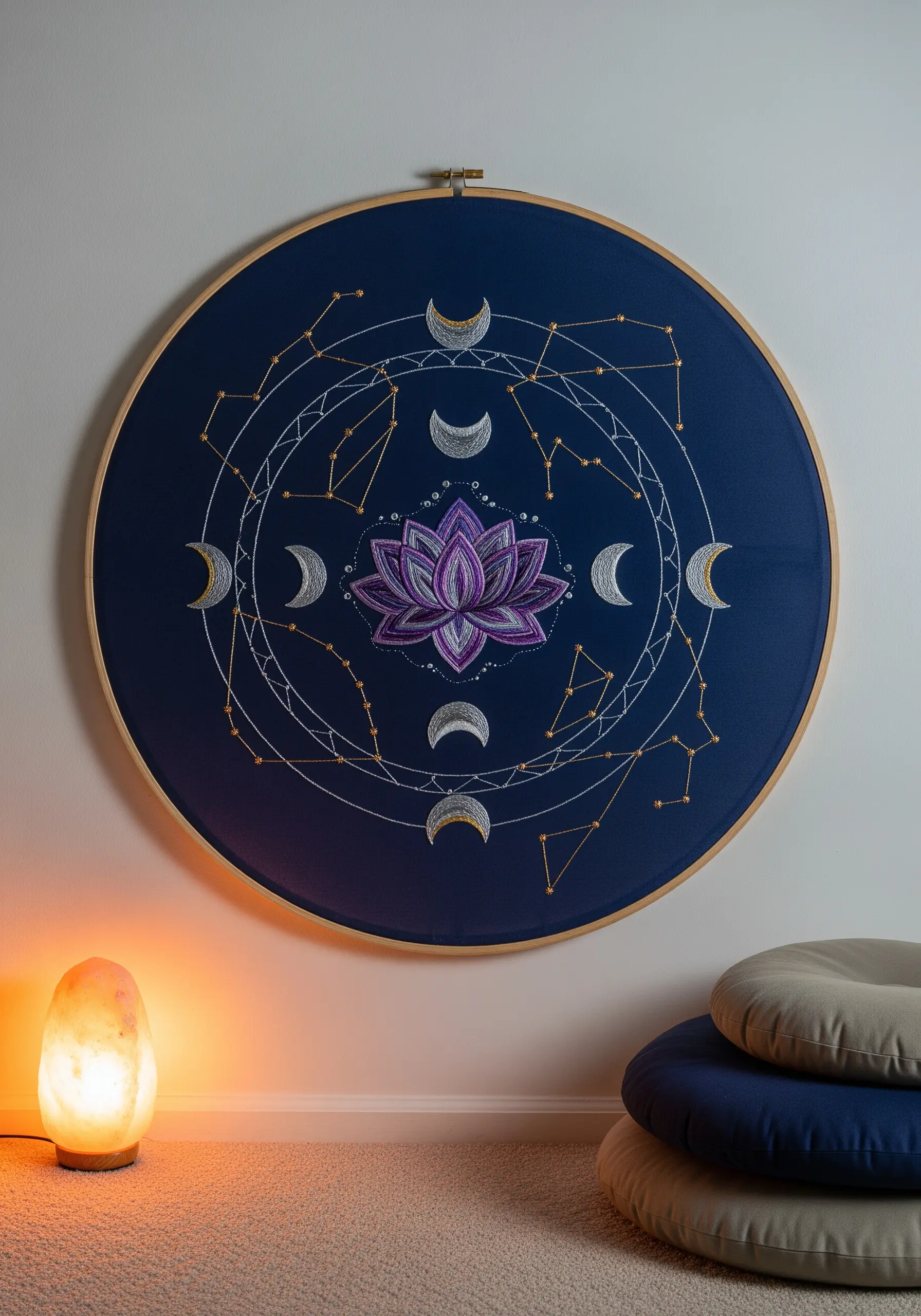 Embroidered lotus and constellations on dark blue fabric, using purple, white, and gold metallic threads.